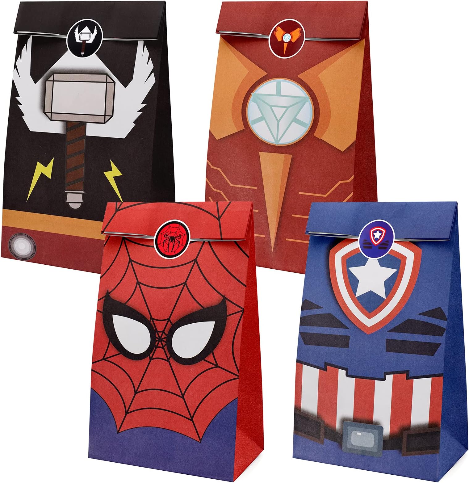 JOYSKY 12Pcs Party Bags for Boys, Candy Gift Treat Bags With Stickers, 4 Colors for Christmas, Birthday - Paper Bags for Kids
