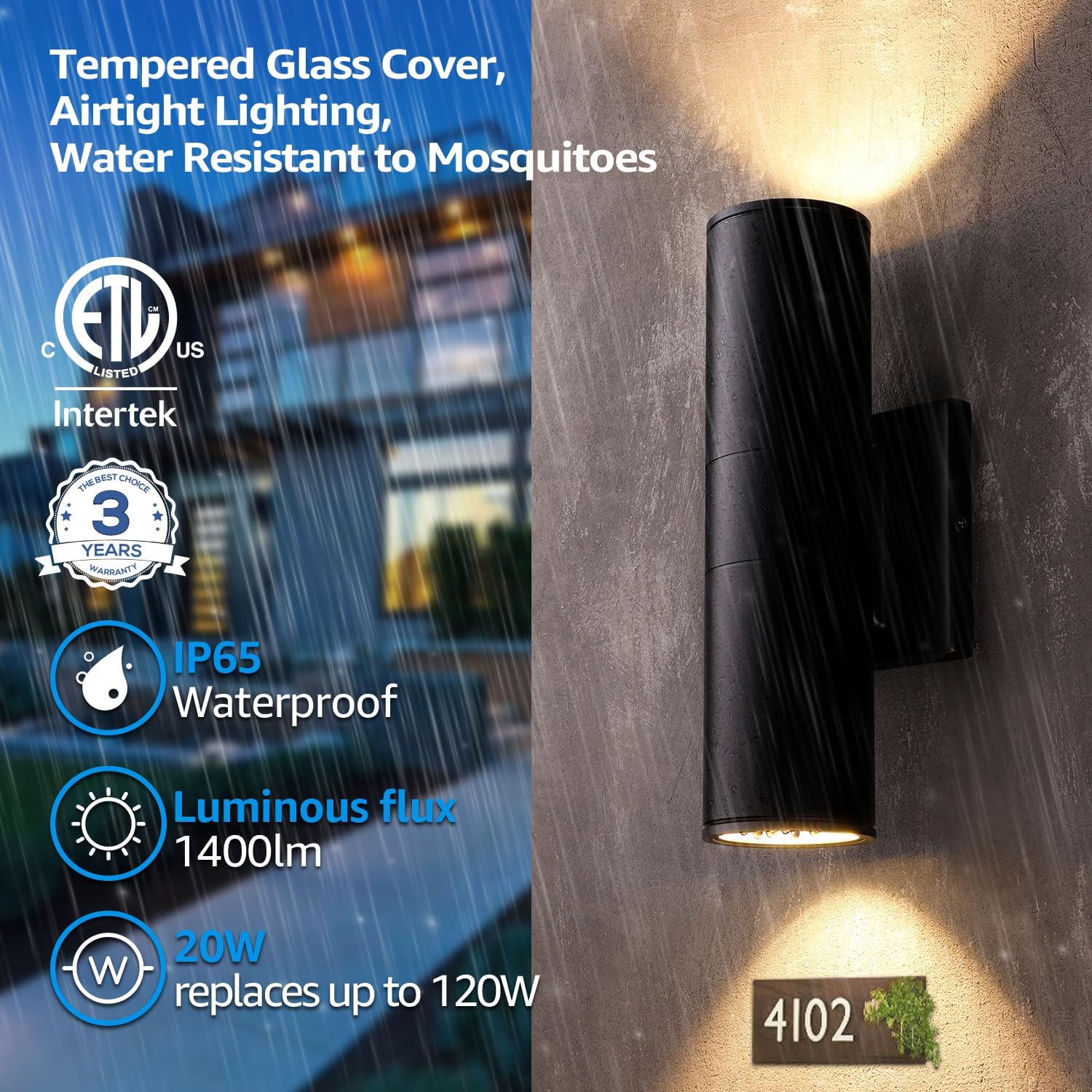 LEONLITE Integrated LED Up Down Lights Outdoor, 100V-277V 20W Aluminum Exterior Cylinder Porch Light, Wet Location 1400lm, 3000K Warm White, 11.7 Inch ETL-Listed Front Door Porch Lights, Pack of 4