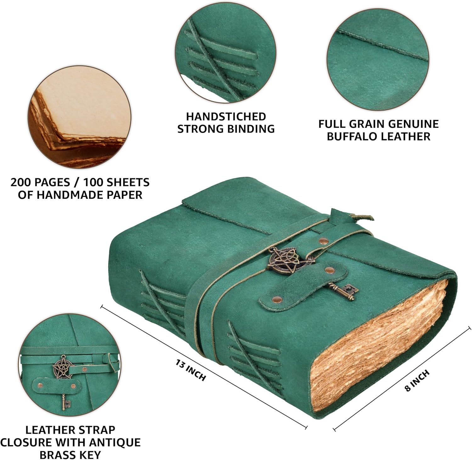 LEATHER VILLAGE Leather Bound Vintage Journal for Women & Men - 200 Pages of Handmade Deckle Edges Watercolor Paper - Antique Lock Closure - Book of Shadow - Turquoise - 13X8 Inches