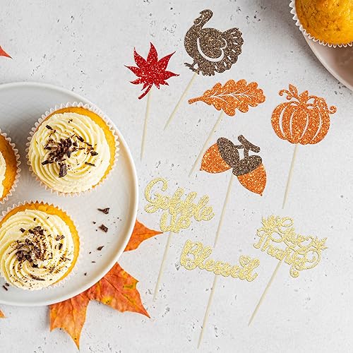Miniatura 3 de Gyufise 24 adornos para cupcakes de Acción de Gracias, pavo, hojas de arce, calabaza, avellana, temática de otoño, selecciones para cupcakes,