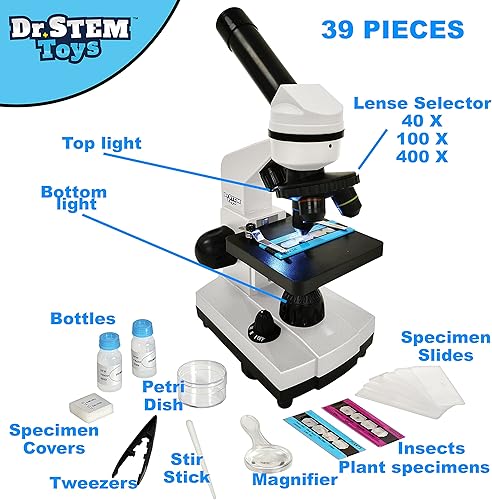 Miniatura 5 de Dr. STEM Toys Kit de microscopio de 39 piezas para niños con luces superior e inferior, diapositivas de muestra, lentes ajustables 40X, 100X y 400X,