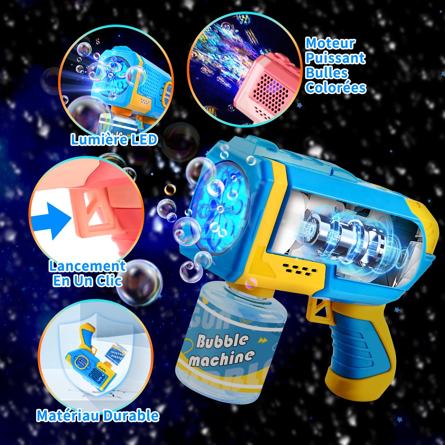 EagleStone 2 Pistolets à Bulles LED pour Enfants, Machine à Bulles Automatique avec 4 Bouteilles 10 Sachets de Solution，Jouets d'extérieur, Cadeaux de Mariage et de fête de Pâques