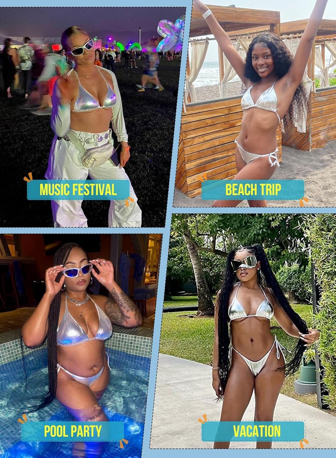 Metallic String Bikini for Women - Sexy Beach Glitter Swimsuits Bathing Suit Triangle Tops Side Tie Thong Bottom Set - Image 6