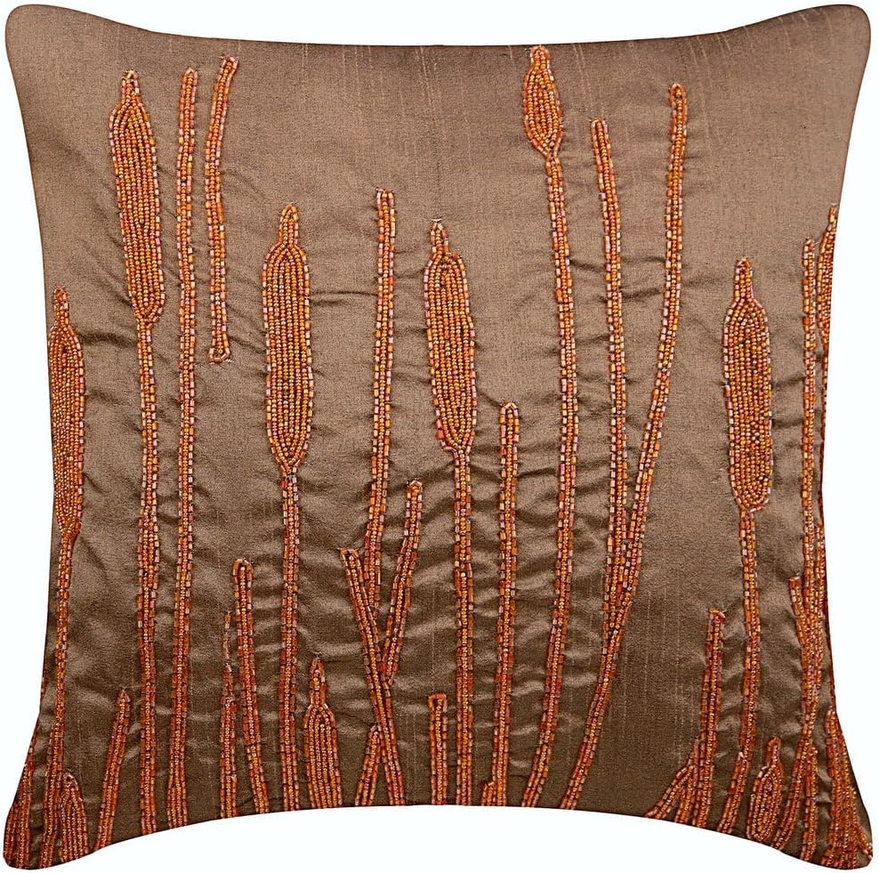 The HomeCentric Pillow Covers, Pillow Cover Pack of 2, 20x20 inch (50x50 cm) Orange, Hmade Rust Throw Pillow Cover, Beaded Farm Design Pillow Cover, Floral Pillow Cover, Square Silk - Rusted Beauty