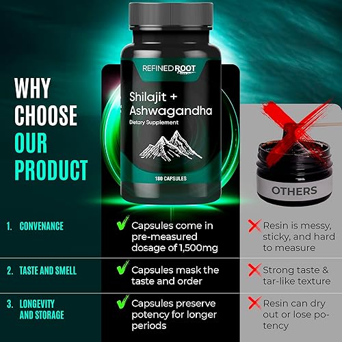 Miniatura 4 de Shilajit 1000 mg y Ashwagandha 500 mg (180 cápsulas) - Suplemento orgánico puro del Himalaya Shilajit (suplemento de ácido fúlvico del 20%) -
