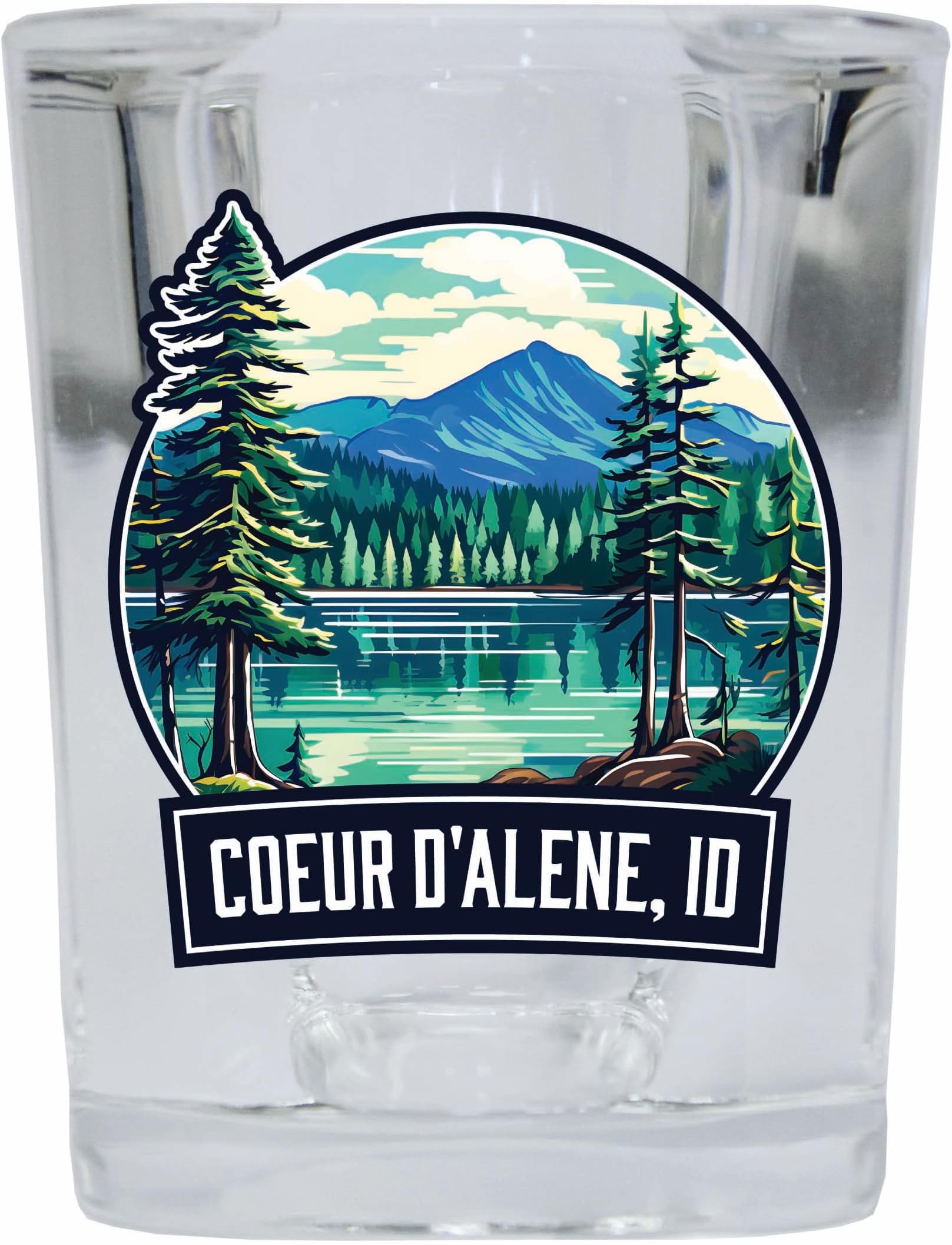R and R ImportsCoeur D'Alene Idaho Mountain Lake Illustration Design Souvenir 2 Ounce Shot Glass Square Single