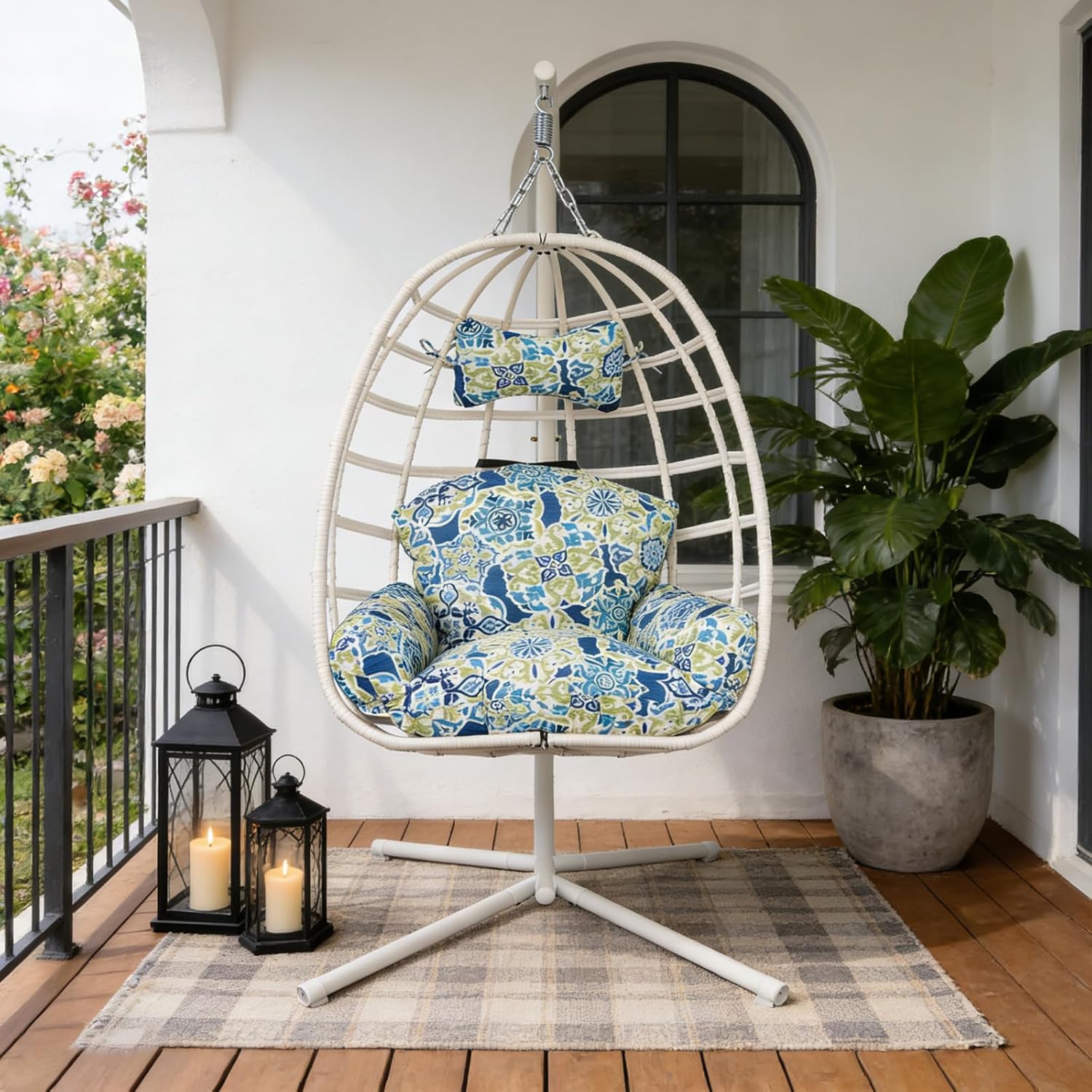 Egg Chair Outdoor with Stand, Indoor Wicker Hanging Egg Swing Chair with Cushion & Headrest, 350lbs Capacity for Patio, Bedroom (White Frame + Floral Cushion)