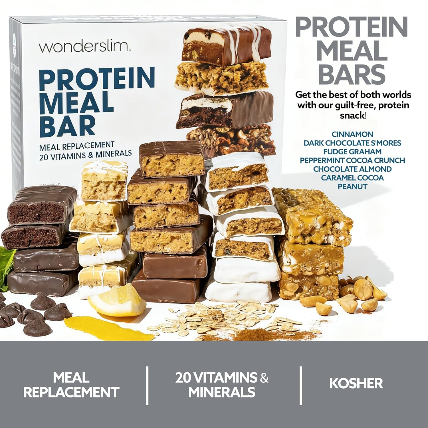 WonderSlim Meal Replacement Protein Bar, Variety Pack, 15g Protein, 20 Vitamins & Minerals (7ct)
