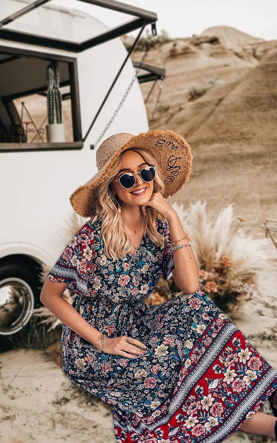 PRETTYGARDEN Women's Casual Summer Boho Floral Print Dress V Neck Short Sleeve High Waist Long Maxi Beach Dresses - Image 5