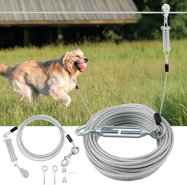 LUFFWELL 100FT Dog Runner for Yard with 15FT Tie Out Cable - Heavy Duty Trolley System for Large Dogs Up to 250LBS, Backyard/Park/Camping Use (Silver, 100FT+15FT)