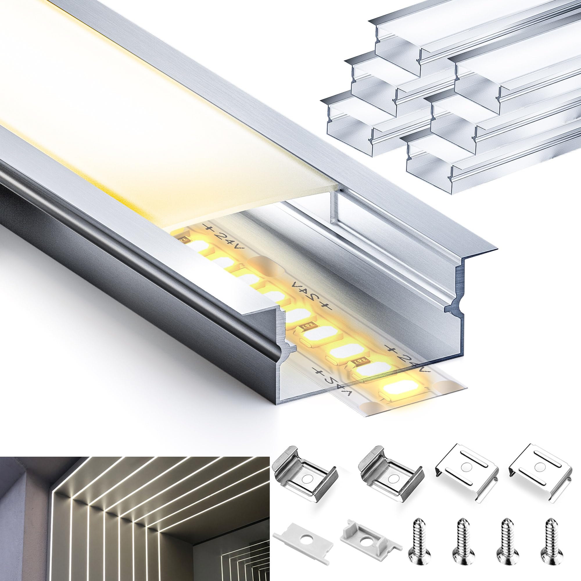 Canalina LED in alluminio 6x2m a U, con canalina per striscia LED e diffusori, per strisce fino a 12.4mm, 6 coperture opache, luce indiretta, ideale per profilo cartongesso. (6)