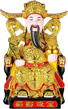 Chunful 12 Inch CAI Shen Statue God of Wealth Feng Shui Lucky Figurine | Resin Fortune Statue, Chinese New Year Gift, Wealth Prosperity Symbol, Gold Finish for Home Office Desk Shelf Mantel