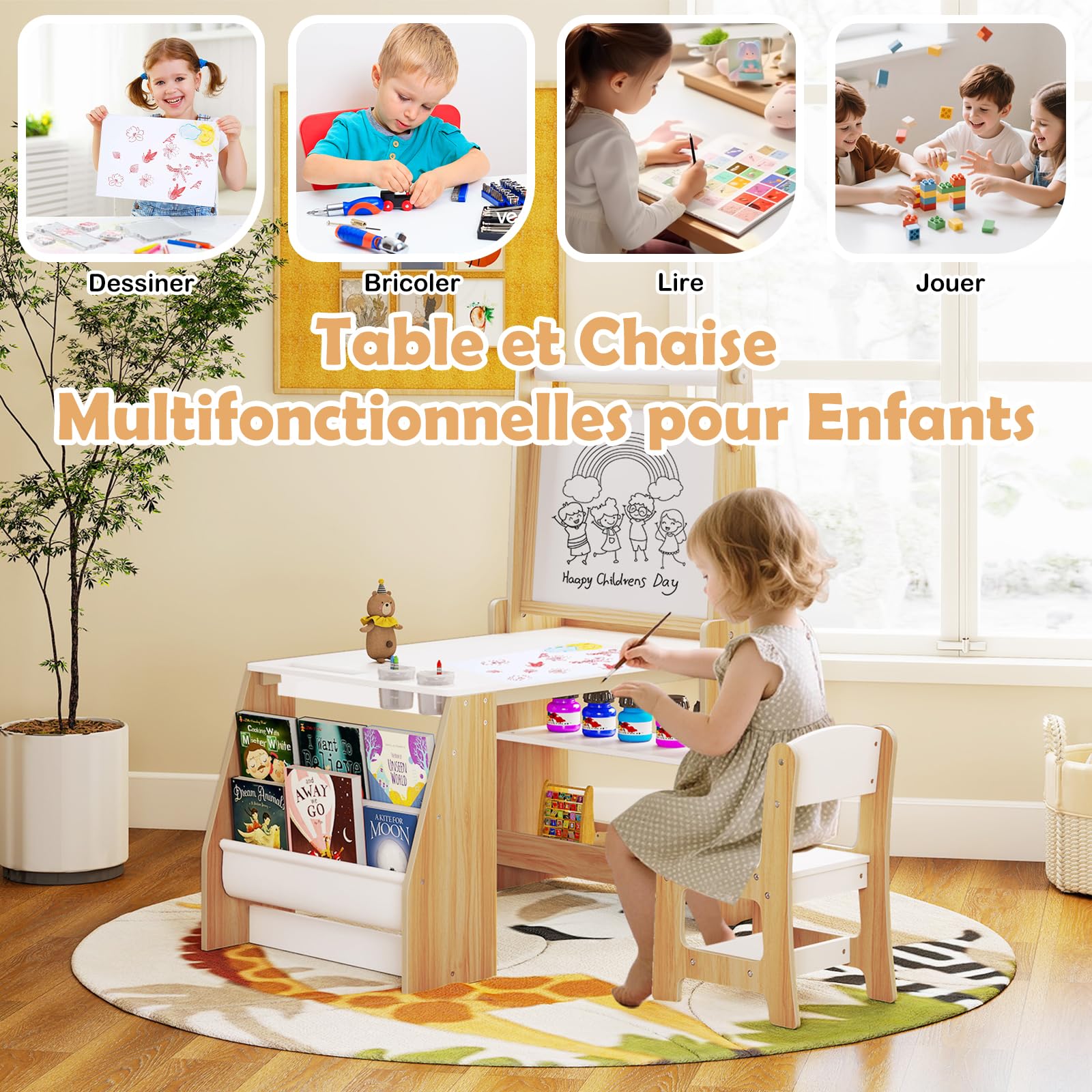 GOPLUS Table Enfant avec Chaise, Table à Dessin en Bois avec Tableau Noir/Blanc, Rouleau de Papier, Gomme, Craies, Gobelets de Peinture, Bureau Enfant en Bois avec Étagère (Naturel)