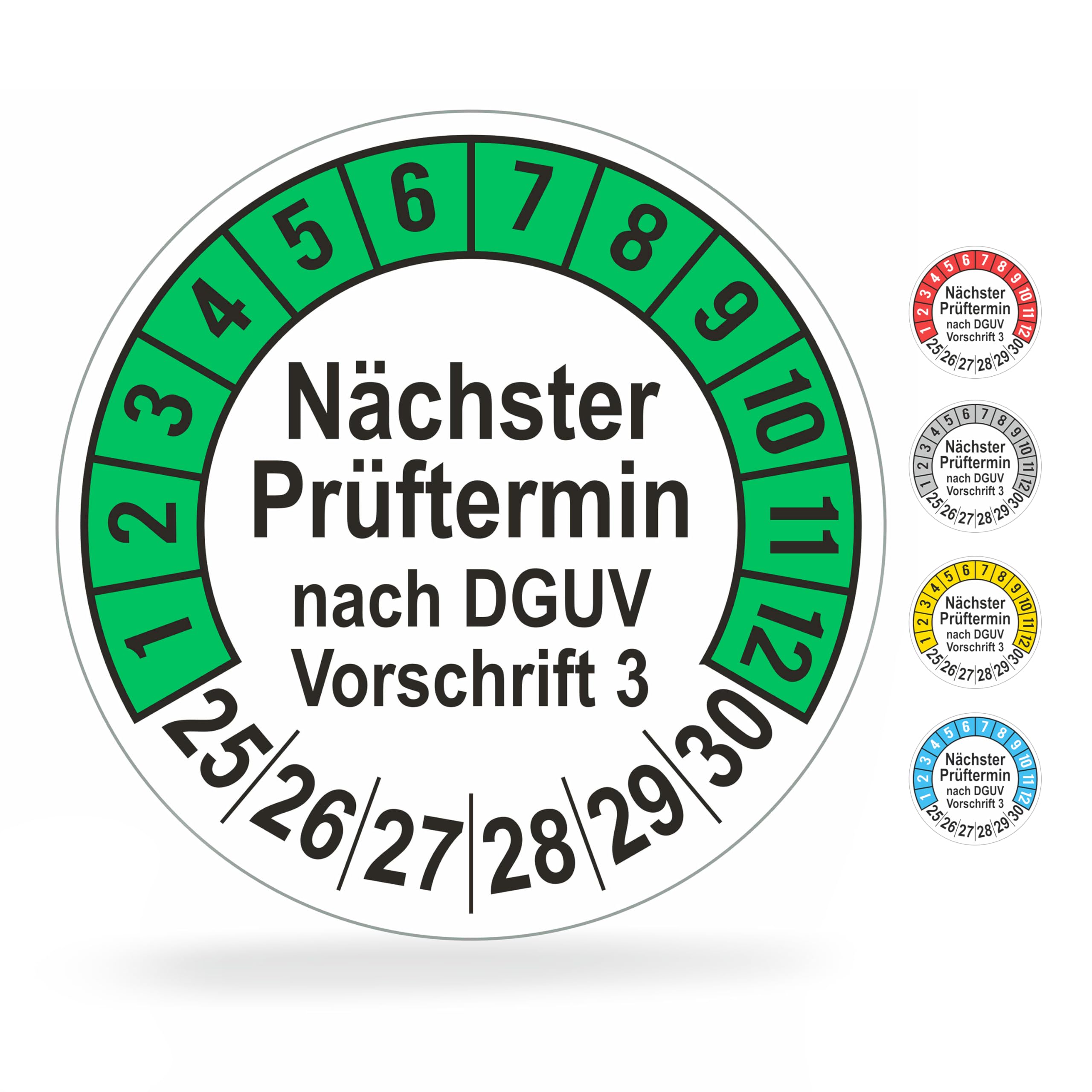560 Stck Prüfplaketten "Nächster Prüftermin", 20 mm Ø, Prüfetiketten nach DGUV V3, 2025-2030, Prüfaufkleber, E-Check Prüfetikett, Plakette für Elektrogeräte (Grün, 5 Bogen)