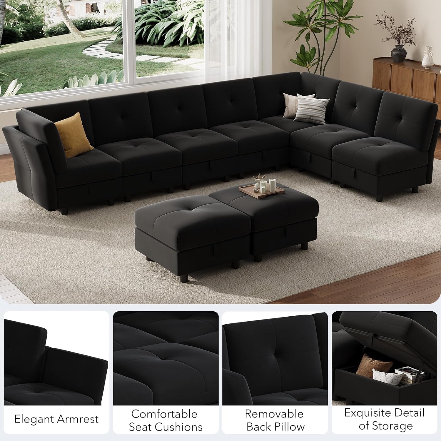 Couch, 87 Inch Modular Sectional Sofa, 9 Seat Comfy Sectional Couches with Storage Ottoman, Velvet Cloud Couch with Upholstered for Living Room, Apartment, Black