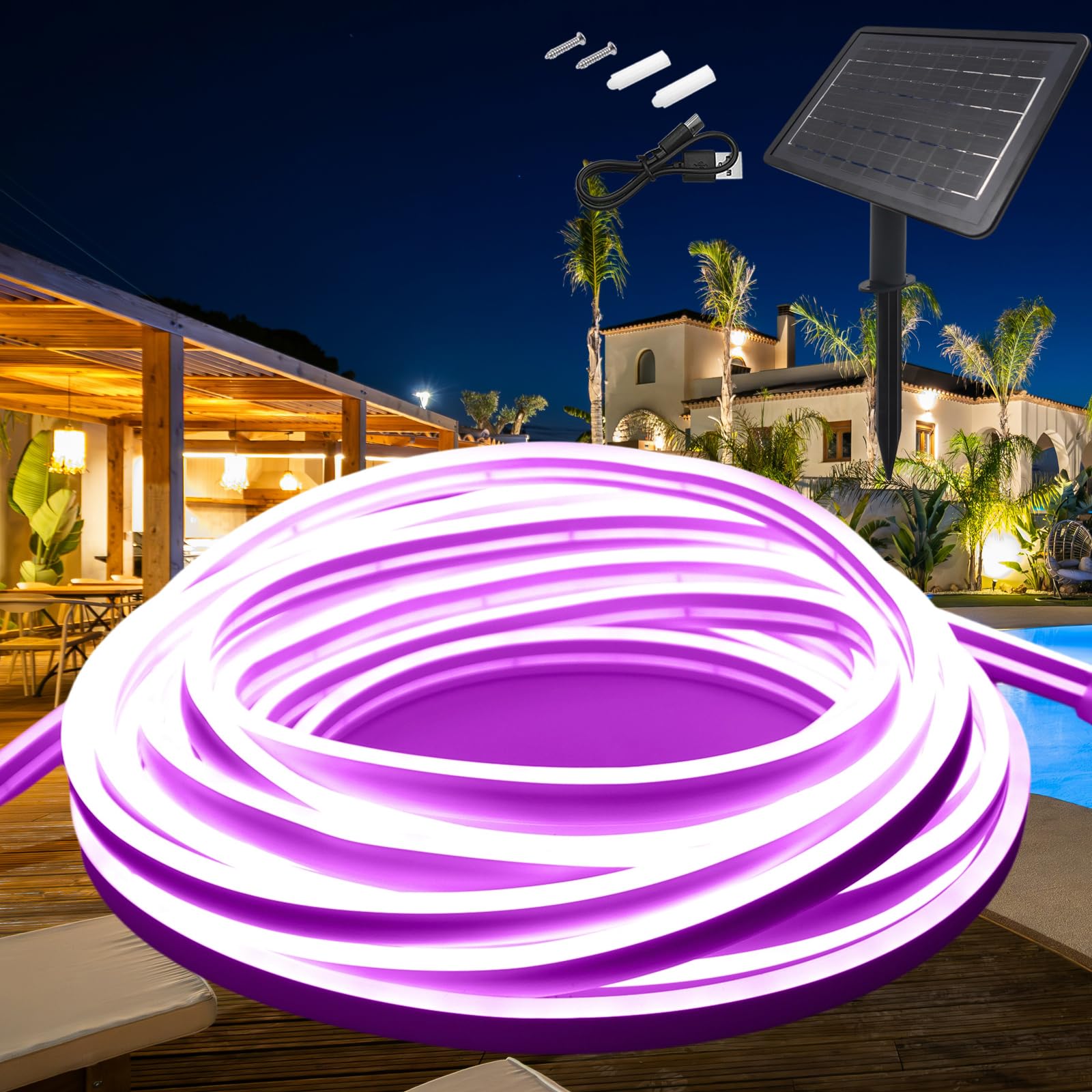 KISUFU 24V Solar Neon Light Strip, 120 LEDs/m IP68 Waterproof Outdoor Garden Solar Powered Fairy Lights with 7200mAh Solar Cell Box Controller for Patio Yard Party.