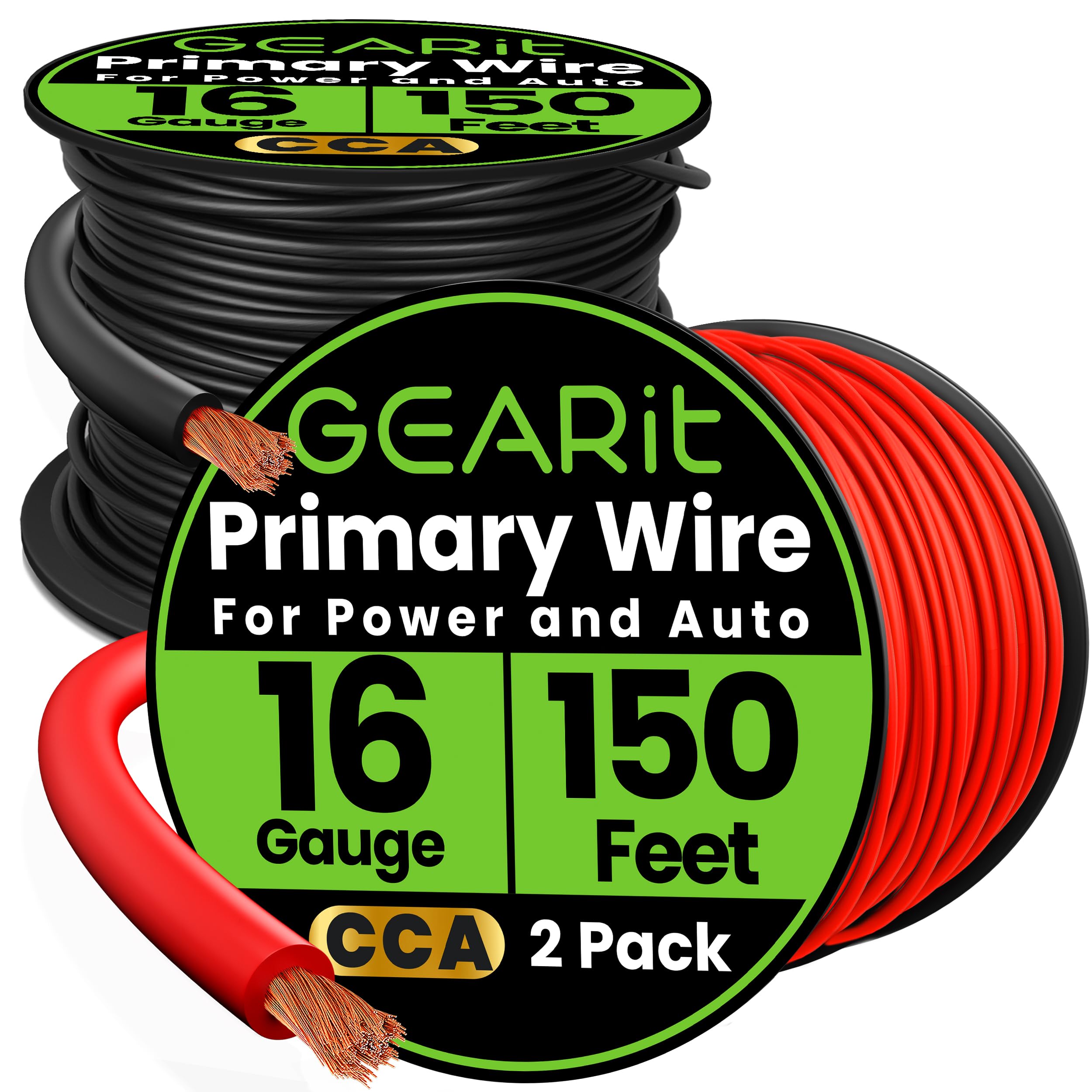 GEARit 16 Gauge Wire (150ft Each - Black/Red) Copper Clad Aluminum CCA - Primary Automotive Power/Ground for Battery Cable, Car Audio, Trailer Harness, Electrical - 300 Feet Total 16ga AWG Wire