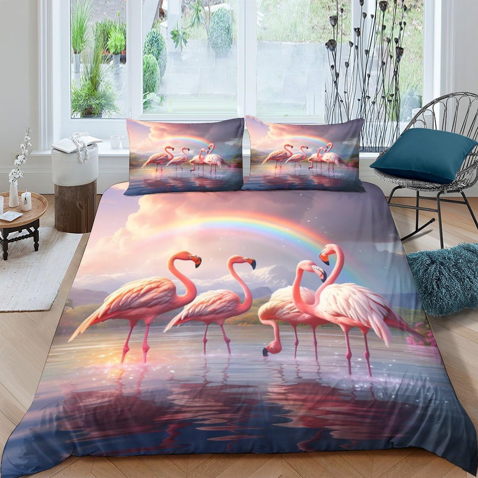 Ctjqhvkz Style-1 3D Printed Flamingo Sunset Fitted Sheet Microfiber Soft Breathable Rainbow Bed Cover For Bedroom Dorm Decor Single（135X200cm）