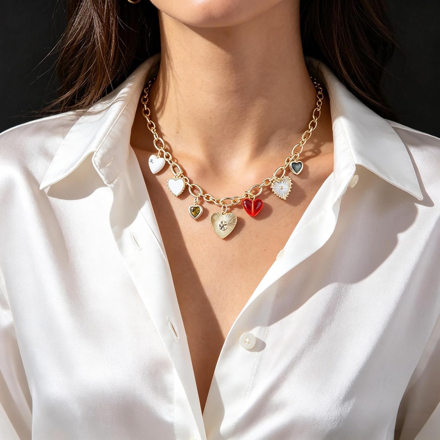 Heart Charm Necklace - Chunky Gold Necklaces for Women - Vintage Dainty Choker Necklace Stackable Fashion Jewelry