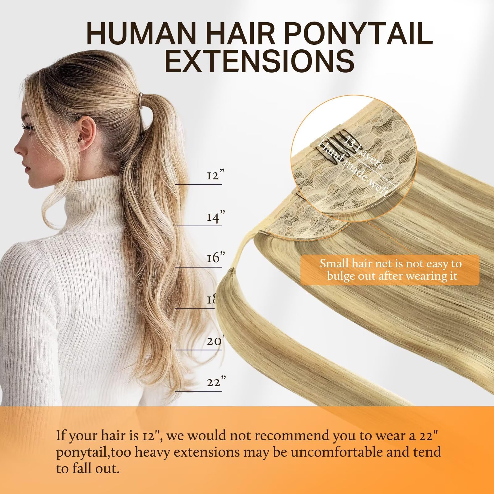 DOORES Pferdeschwanz Haarteil, Hellblond Highlights Goldblond 35cm 75g, Ponytail Extension Gerade Extensions Zopf Clip in Wickeln Sie um Remy Ponytail Echthaar Glattes Magic Paste | Haarverlängerung zum Anklippen, natürliches Echthaar, 75 g, Balayage, Hel