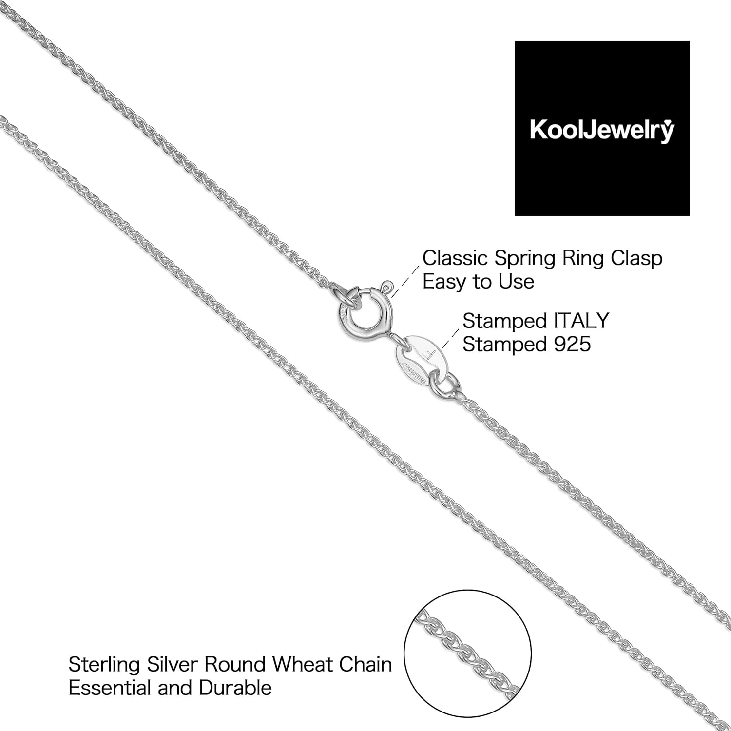 Kooljewelry 925 Sterling Silver Round Wheat Chain Necklace (1 mm, 1.5 mm, 2 mm or 2.6 mm) | Made in Italy - Image 3