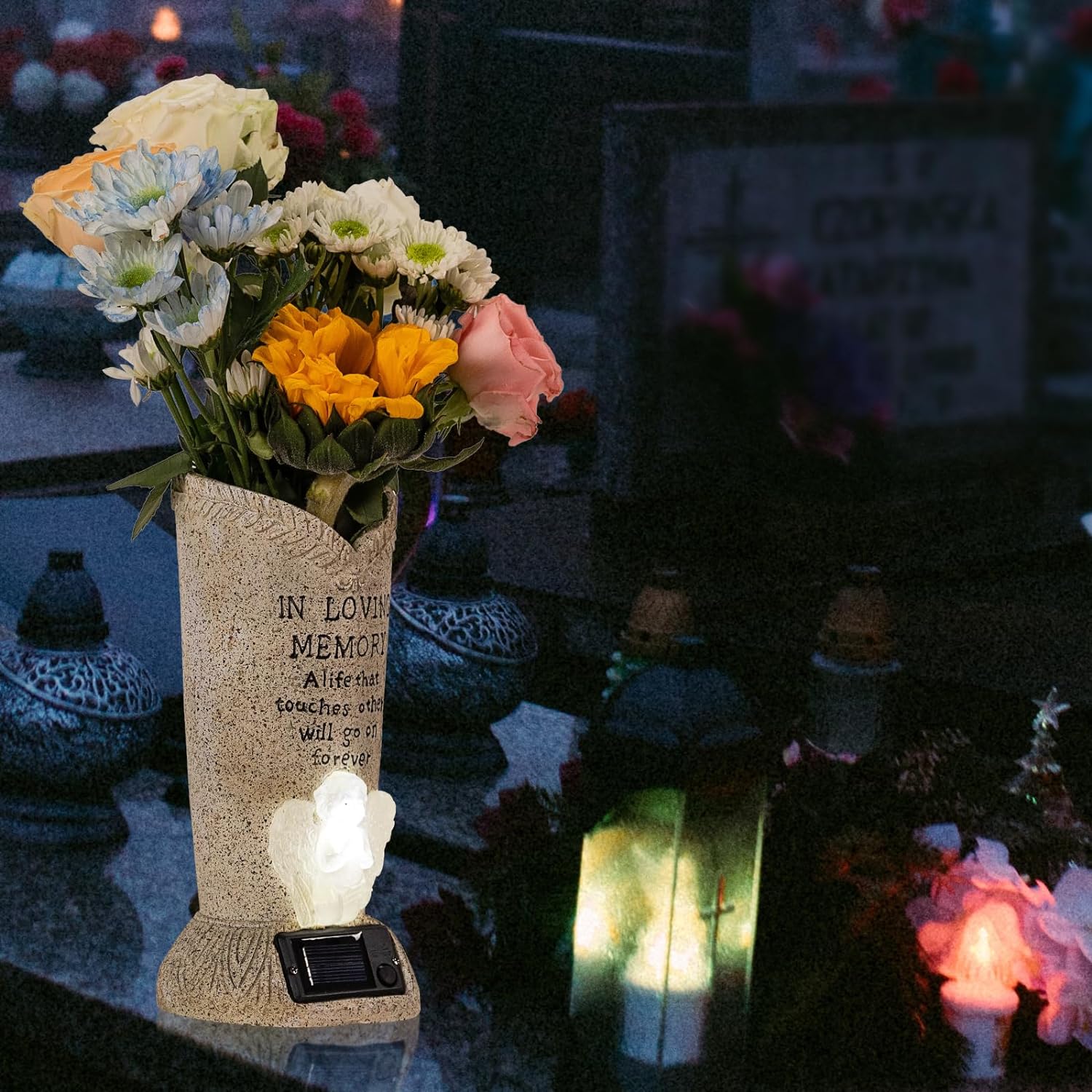 Solar Memorial Cemetery Flower Vase with LED for Fresh/Artificial Cemetery Grave Decorations Angel Statue Vase with Spikes Gravestone Decor