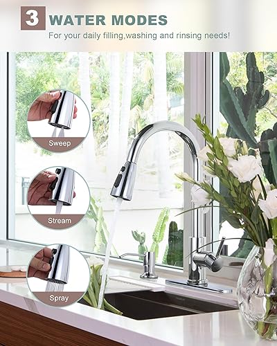 Miniatura 2 de WOWOW - Grifo de cocina cromado con dispensador de jabón, grifo de acero inoxidable para fregadero de cocina de 2 o 4 agujeros, grifo de cocina