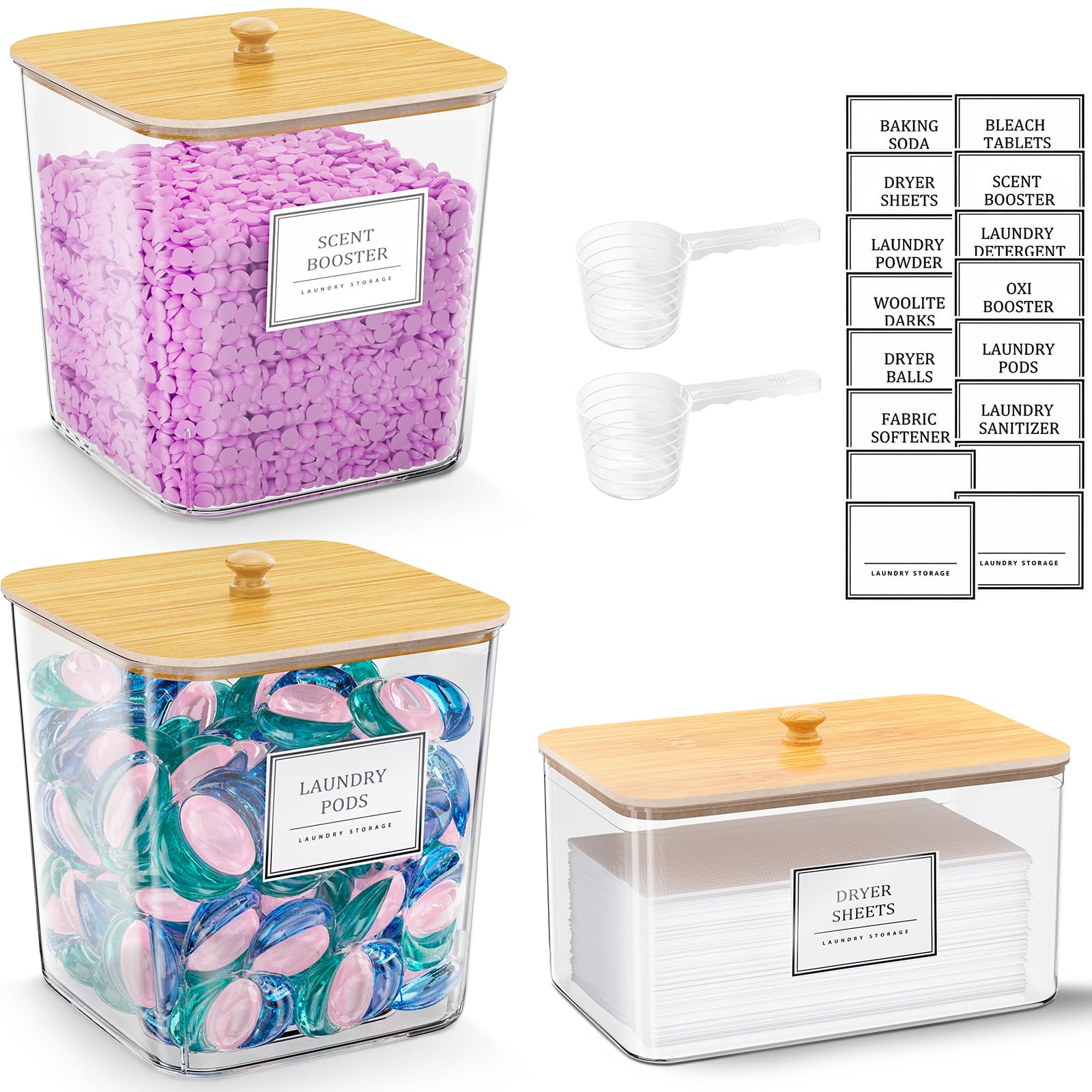 Photo 1 of 2+1 Pack Laundry Pods Container,Clear Laundry Detergent Powder Storage Containers,Laundry Room Organization Containers with Wooden Lids & Labels,Laundry Pods Holder for Scent Booster,Dryer Ball