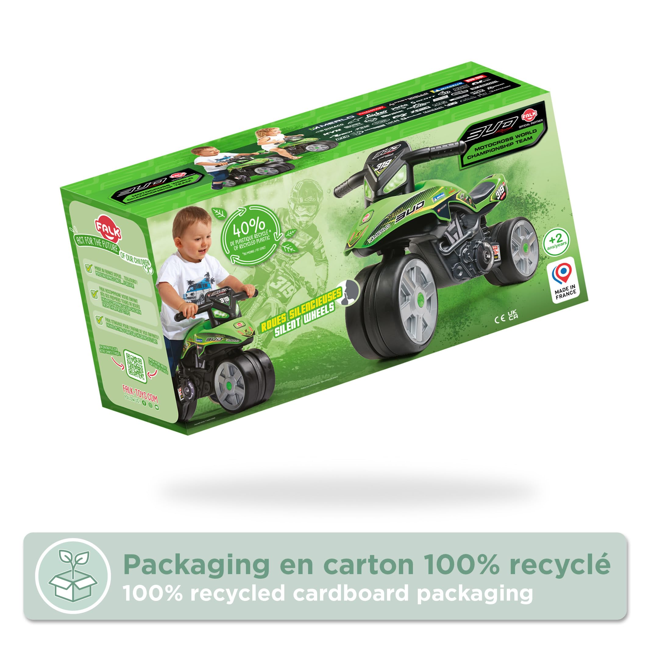 Falk 502BRS - Draisienne Moto Bud Racing - Verde - Ruedas silenciosas - A Partir de 2 años - 40% de plástico Reciclado - Fabricado en Francia