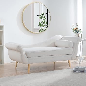 Chaise Lounge Indoor, Modern Lounge Chair Upholstered Teddy Chaise Lounge with Right Armrest & Lumbar Pillow for Bedroom Office Living Room White