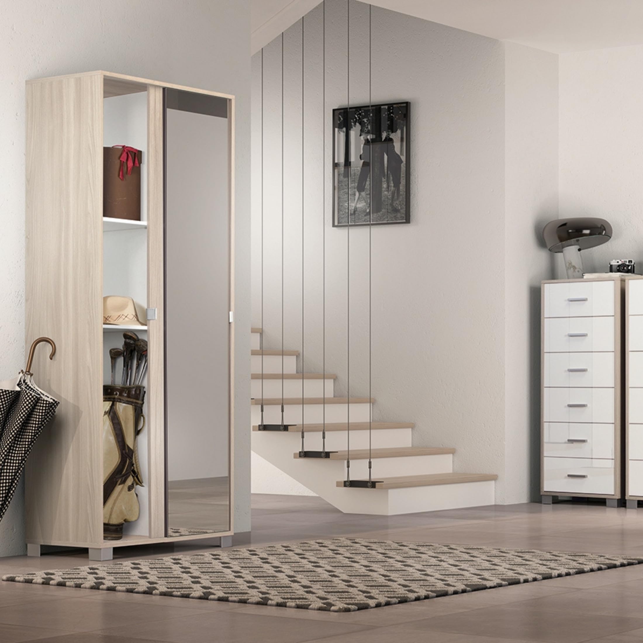 MONDO VIRO Mobile armadio 2 ante scorrevoli Rebel con specchio in legno 8 ripiani cm 82x42 190h (Cemento/Specchio Naturale)