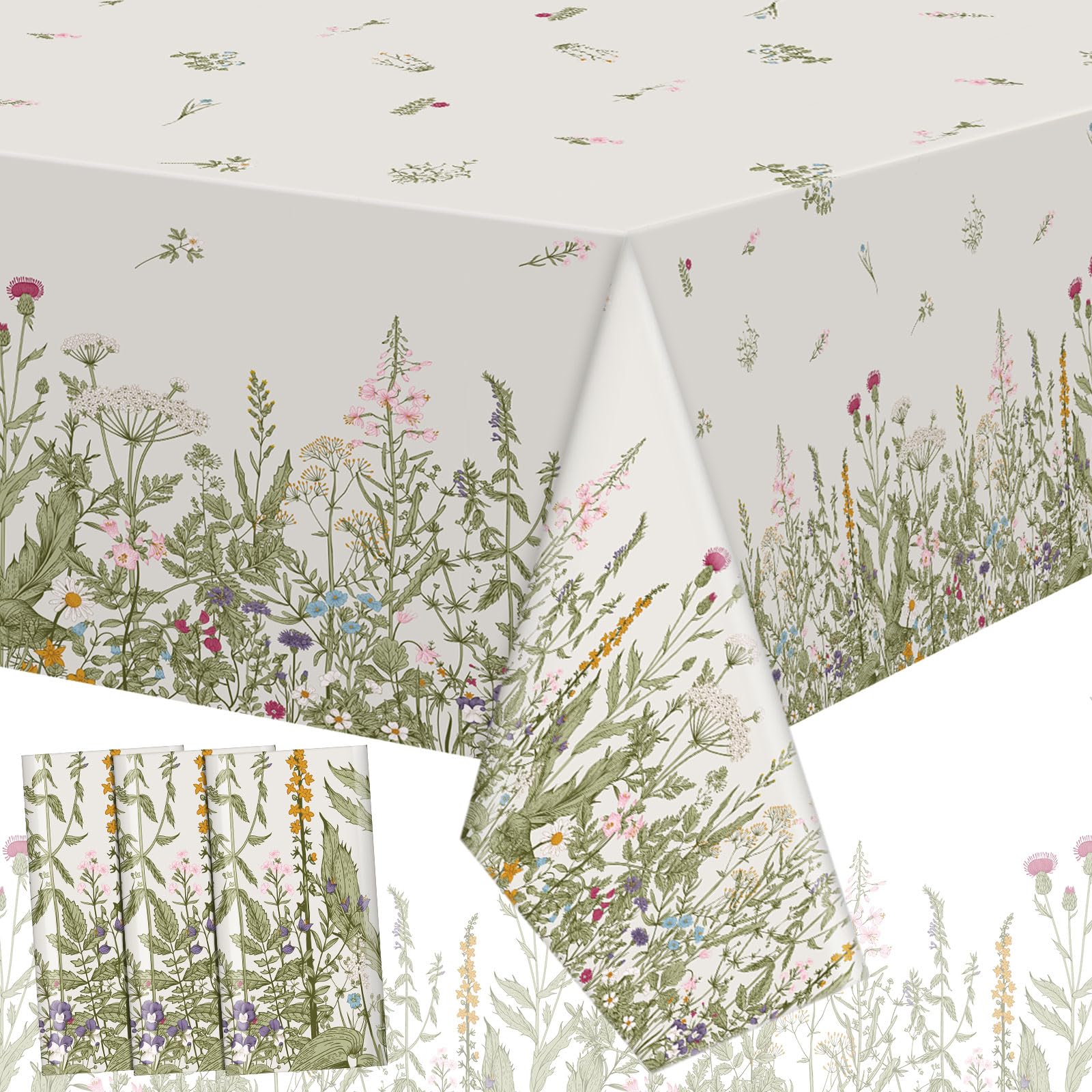 Newwiee4 Pcs Herbs and Wild Flowers Rectangle Tablecloth Floral Rustic Table Cloth Farmhouse Tablecloth Washable Table Cover for Dining Picnic Holiday, 54 x 108 Inch (Herbs and Wild Flowers)