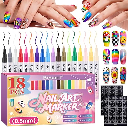 Bolígrafos de arte de uñas de 18 colores, bolígrafos de esmalte de uñas de 0.020 in, líneas punteadas de grafiti, marcadores de arte de uñas, juego