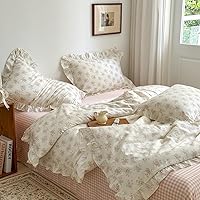 Vista 9 de MKXI Juego de ropa de cama con diseño de corbata de moño linda y rayas de flores rosas, tamaño individual, de algodón - Funda de edredón