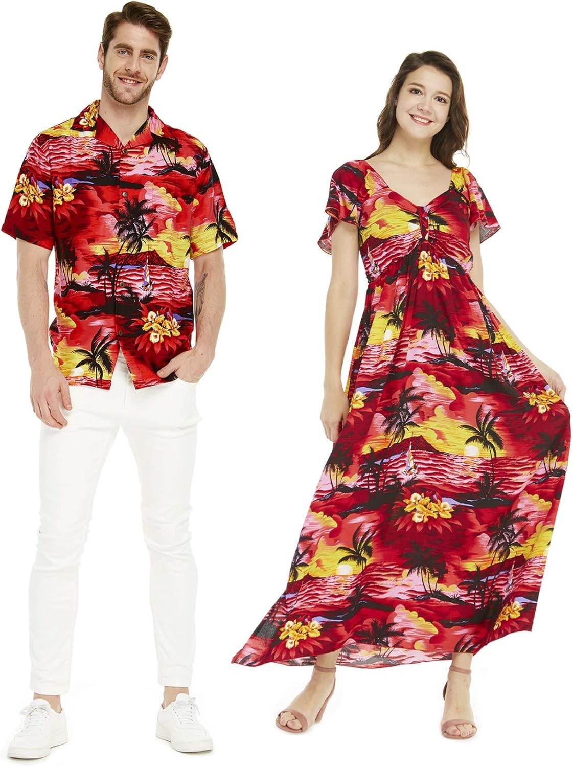 Couple Matching Hawaiian Luau Aloha Shirt Maxi Ruffle Sleeve Dress in Sunset Blue