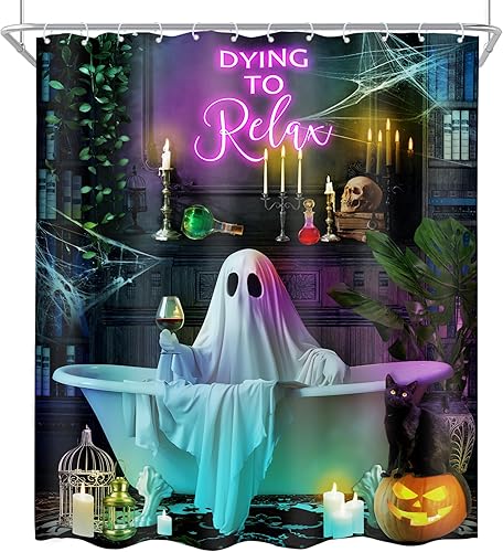 Miniatura 7 de Cinbloo Cortina de ducha divertida de fantasma, de 60 pulgadas de ancho x 72 pulgadas de alto, cortina de ducha de Halloween, fantasma gótico de