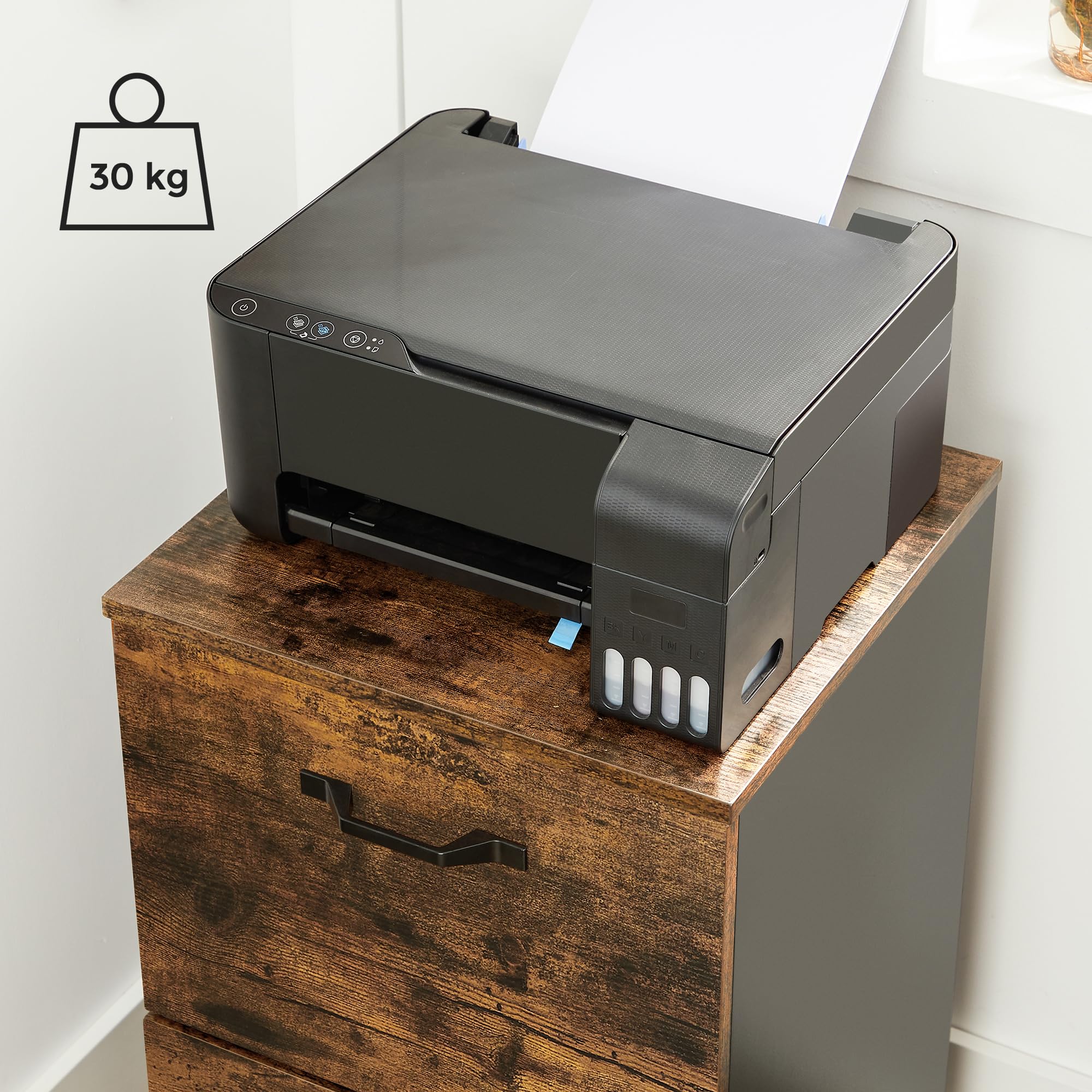 VASAGLE Cassettiera a 2 cassetti, credenza su ruote, per documenti A4, cartelle sospese, stile industriale, marrone rustico e nero OFC040B01