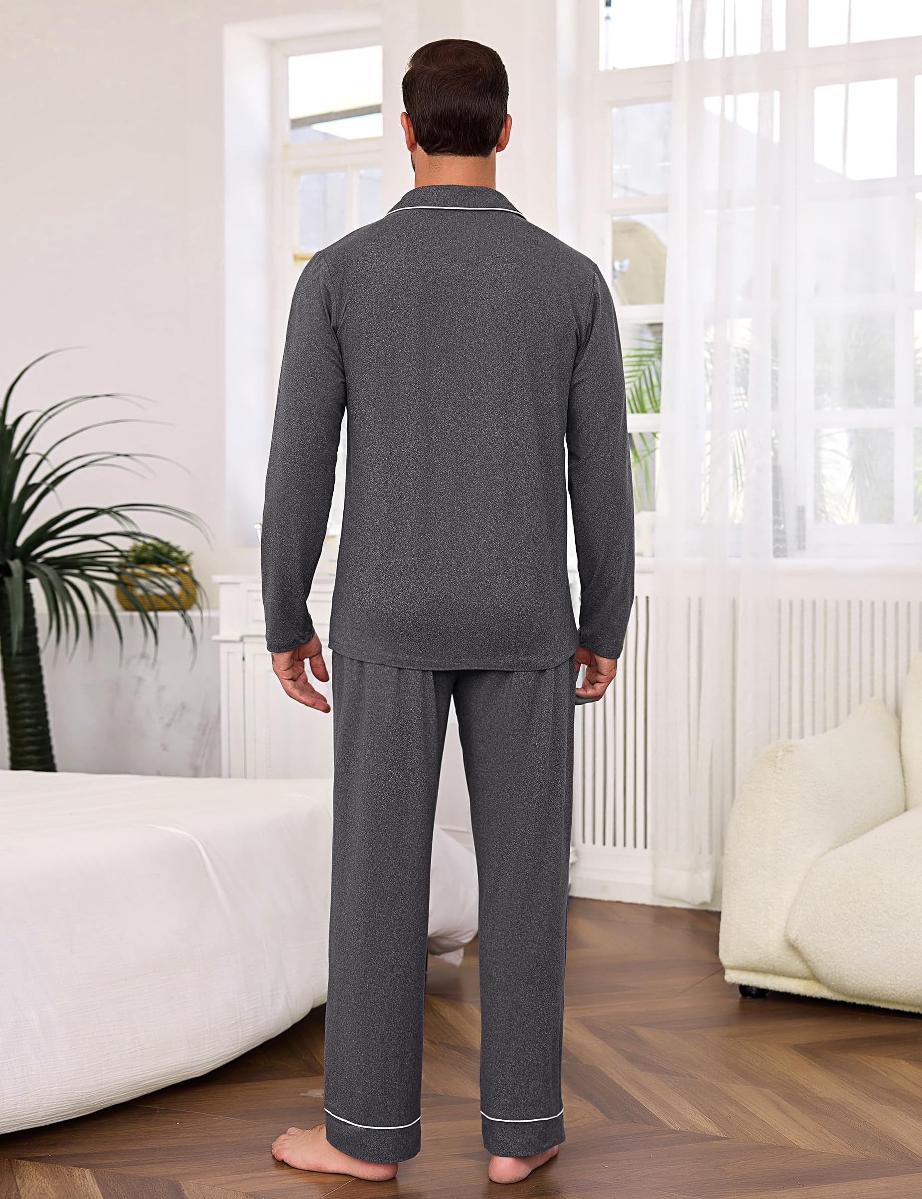 Bresdk Pigiama Uomo Cotone Lungo Invernale Manica Lunga con Bottoni Pigiami Due Pezzi Classico Aperto Davanti Caldo e Morbido
