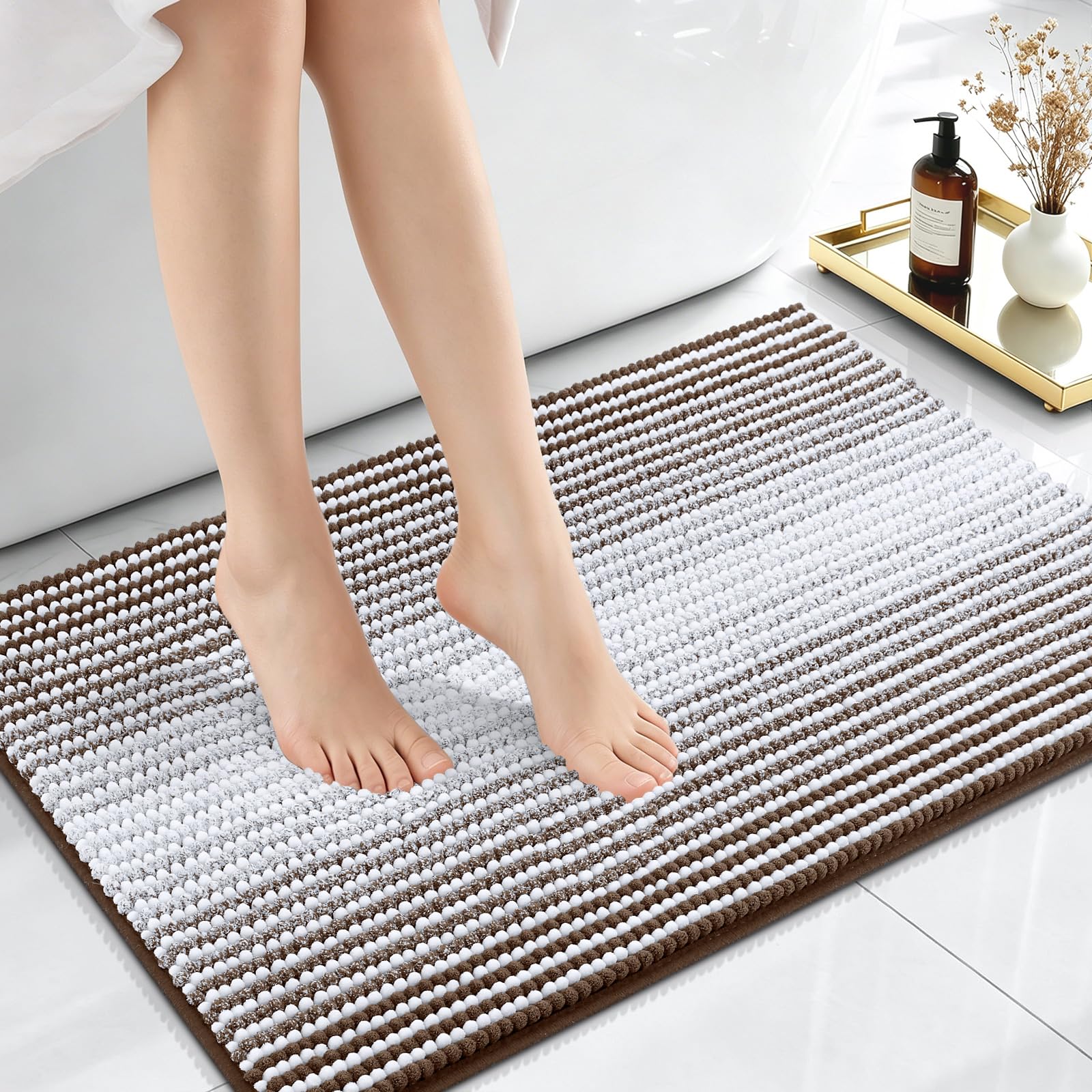 OLANLY Small Bathroom Rugs 24x16, Soft Chenille Striped Bath Rugs, Brown