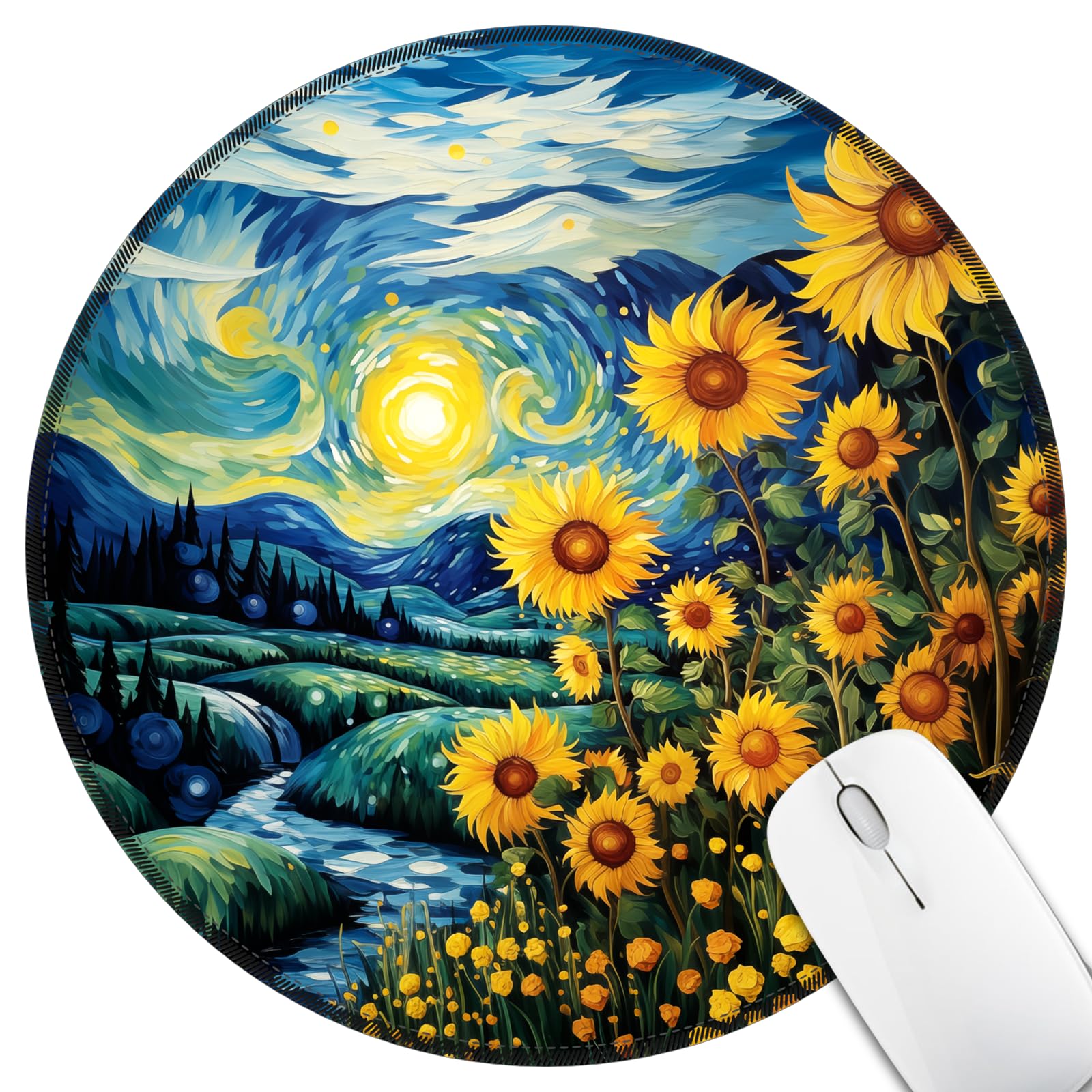 Hancynir Sunflower Mouse Pad for Desk, Floral Small Mousepad with Non-Slip Rubber Base, Round Travel Mouse Pads for Wireless Mouse Laptop, Computer