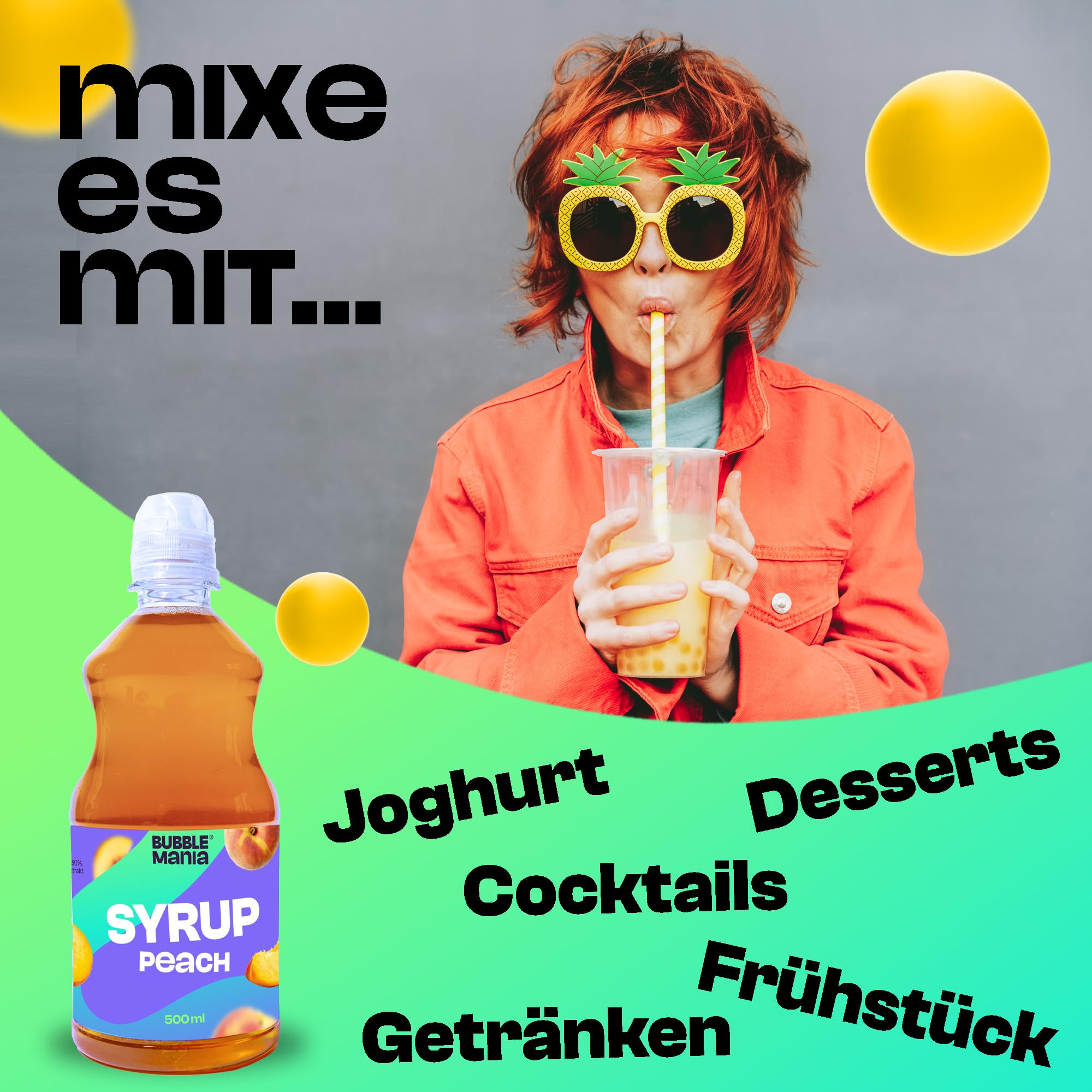BubbleMania Bubble Mania Frucht Bubble Tea Sirup für Bubble Tea MIX – Erdbeere, Grüner Apfel, Pfirsich, Wassermelone | Getränke Sirup für Cocktails, Bubble Tea, Eis & Kuchen | 4 x 500 ml