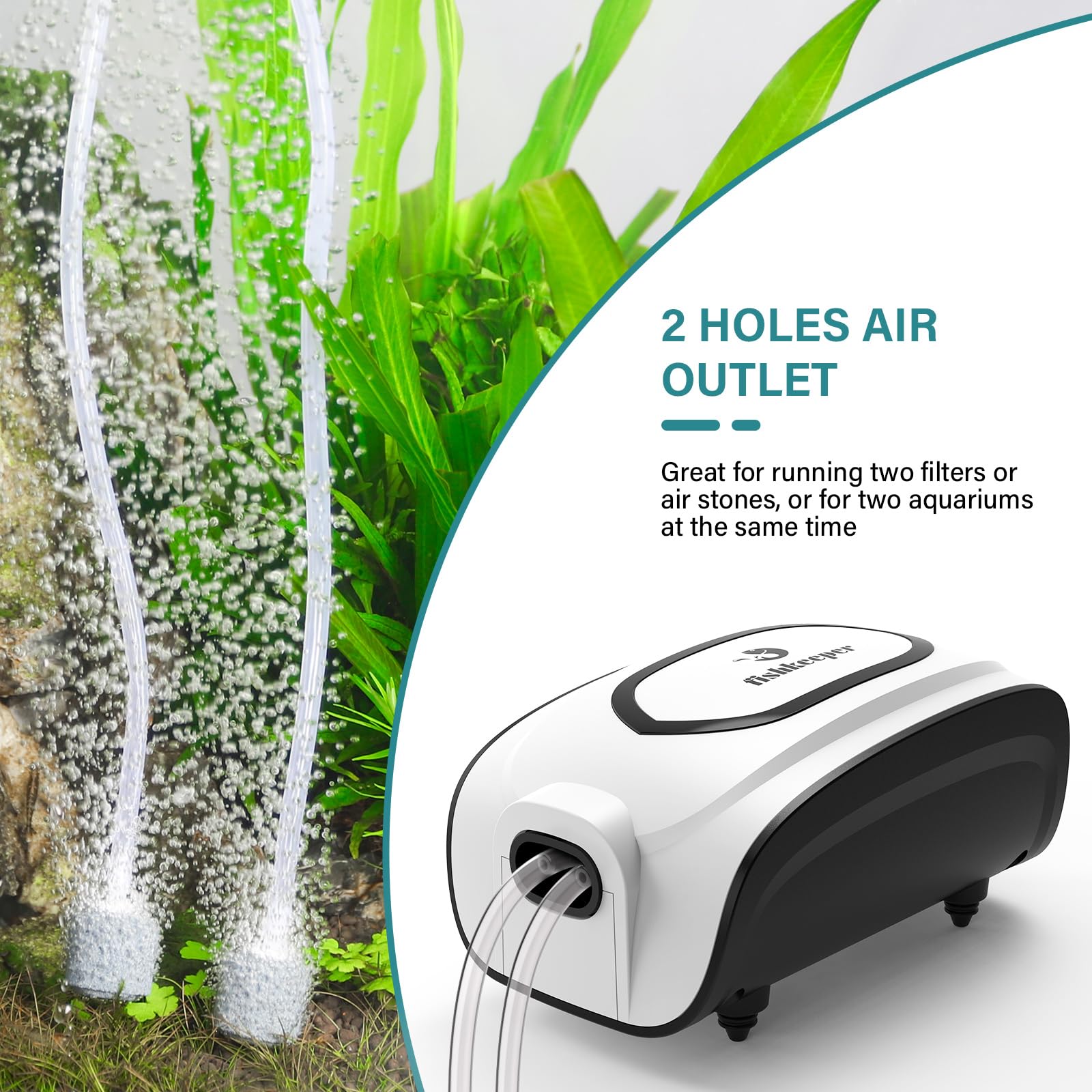fishkeeper Aquarium Luftpumpe, Einstellbare Sauerstoffpumpe für Aquarien, Luftsprudler Membranpumpe mit Luftstein bis zu 600L, Leistungsstarker Komplettes Aquarium Zubehör Set, 3W/5W