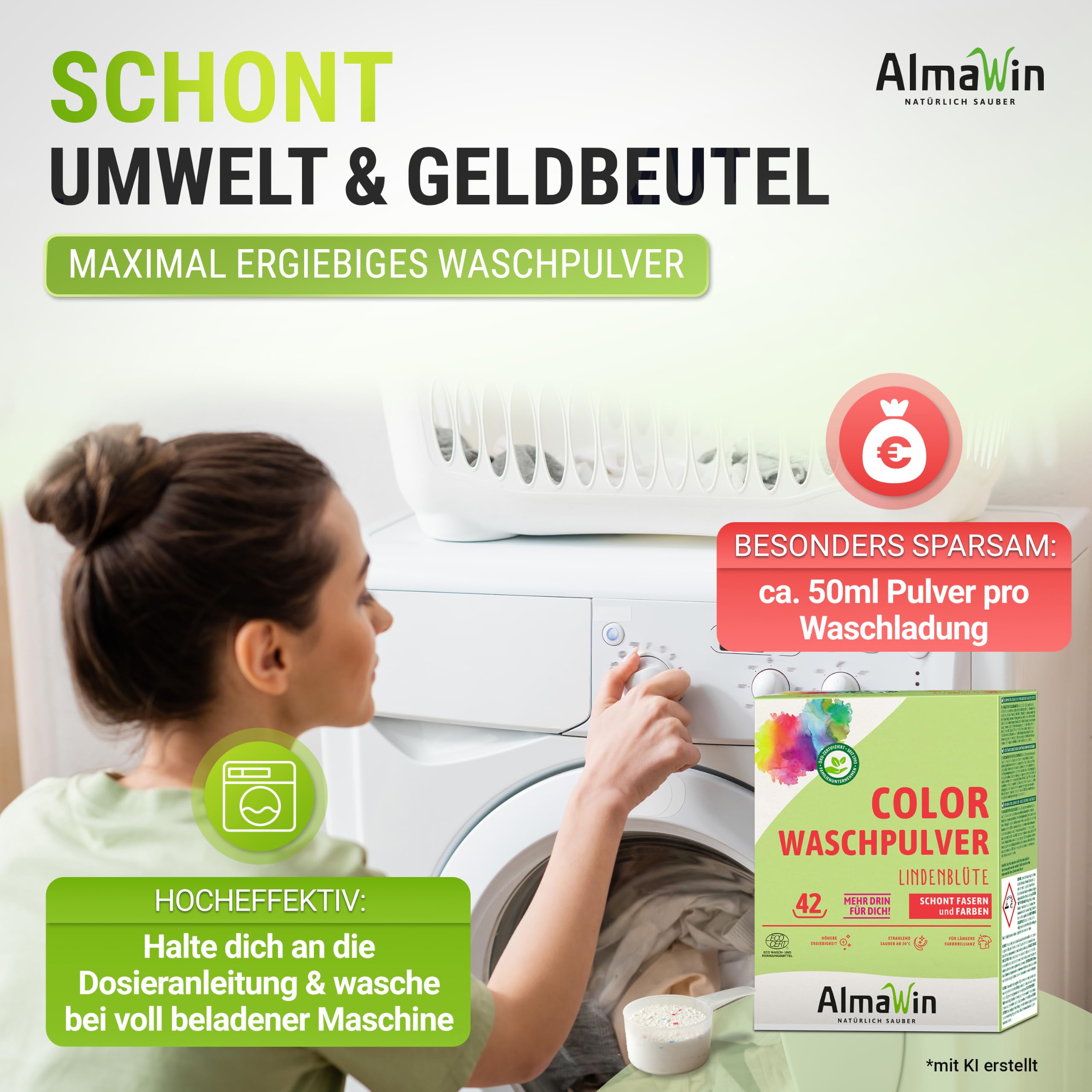 AlmaWin® Color Waschpulver [2x 2kg - 84 Ladungen] mit Lindenblüten-Duft für strahlende Reinheit – Öko Waschmittel Pulver Color anwendbar für 30-60°C – Veganes Bunt-Waschpulver