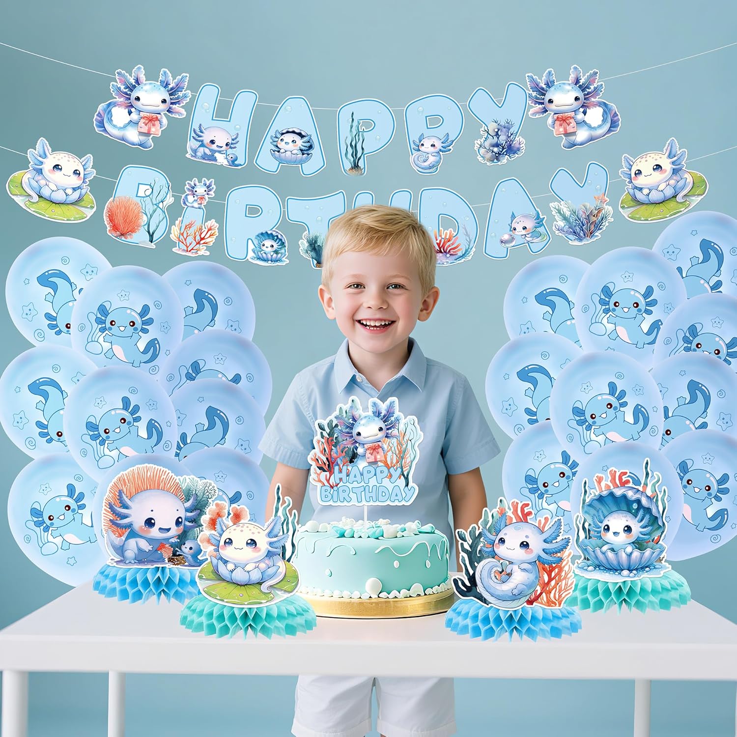 Blue Axolotl Birthday Decorations - 27 Pcs Pre-strung Banner Garland Honeycomb Table Centerpieces Balloons Cake Toppers Decor Set Cute Cartoon Reptile Fans Party Supplies for Kids Boys