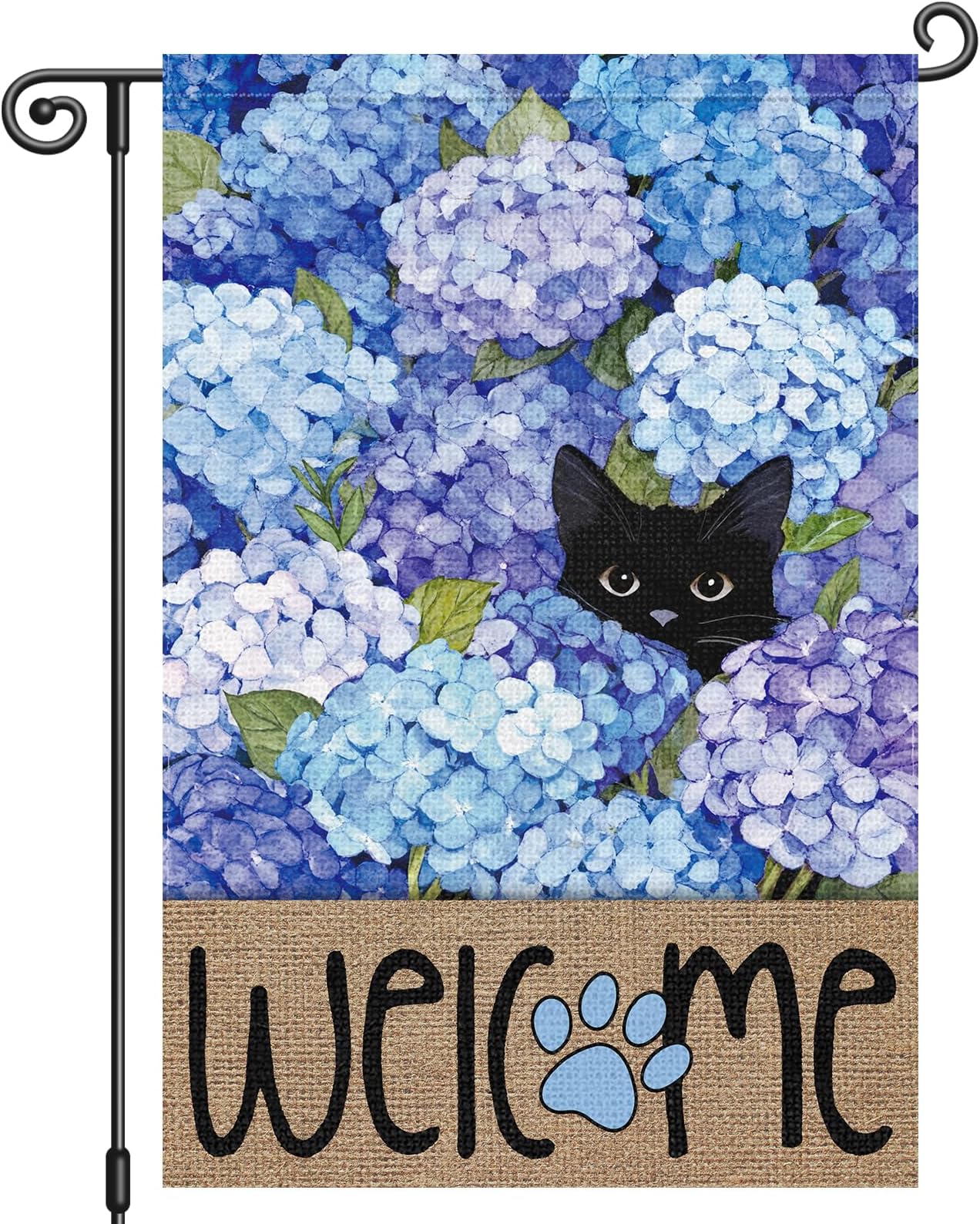 Louise Maelys Spring Summer Garden Flag Black Cat Hydrangea Flower Welcome Double Sided 12x18 Inch Floral Paw Print Seasonal Small Burlap Holiday Yard Outdoor Outside House Decor