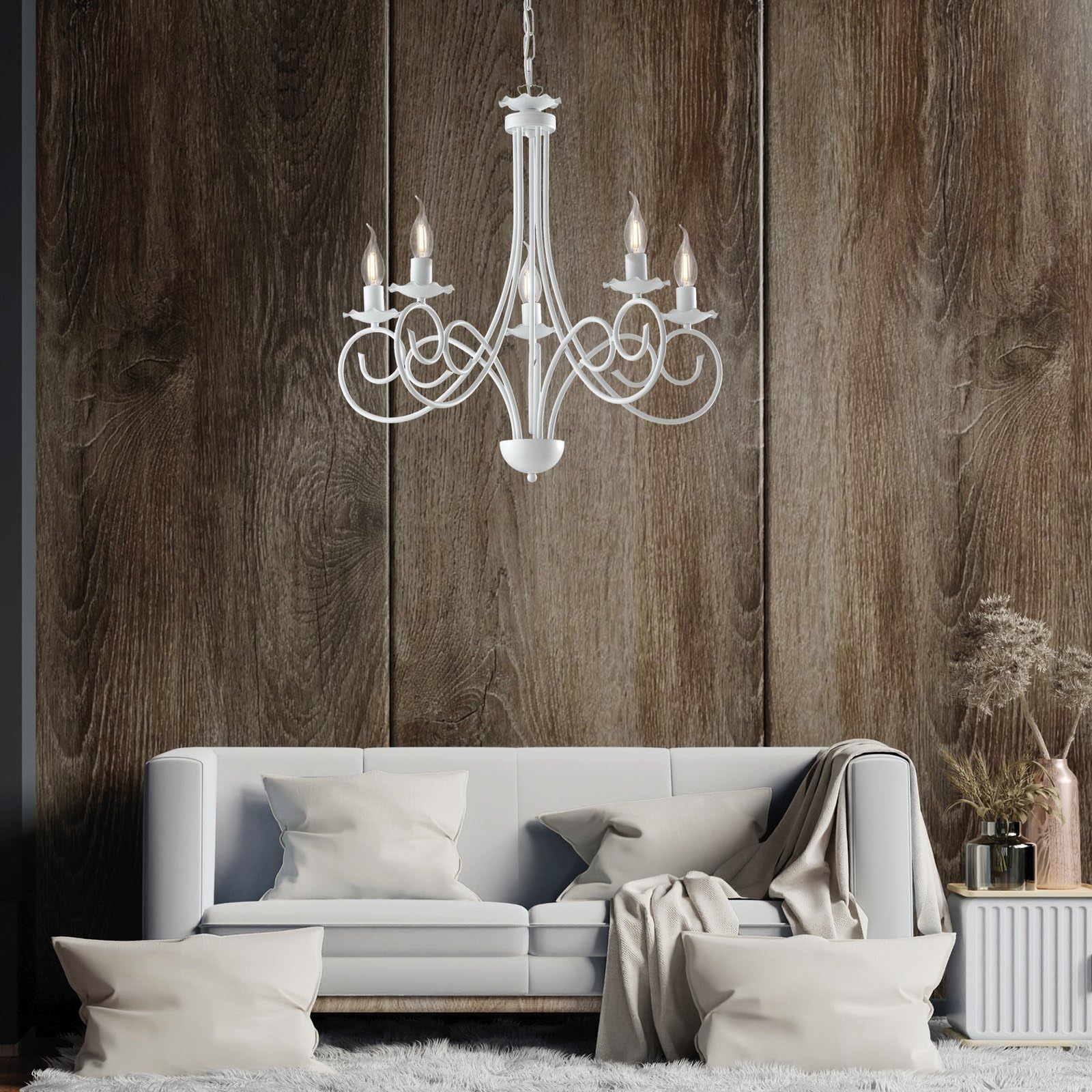 BeLight Lampadario Provenzale Candelabro 5 Luci Ferro Battuto Bianco Shabby