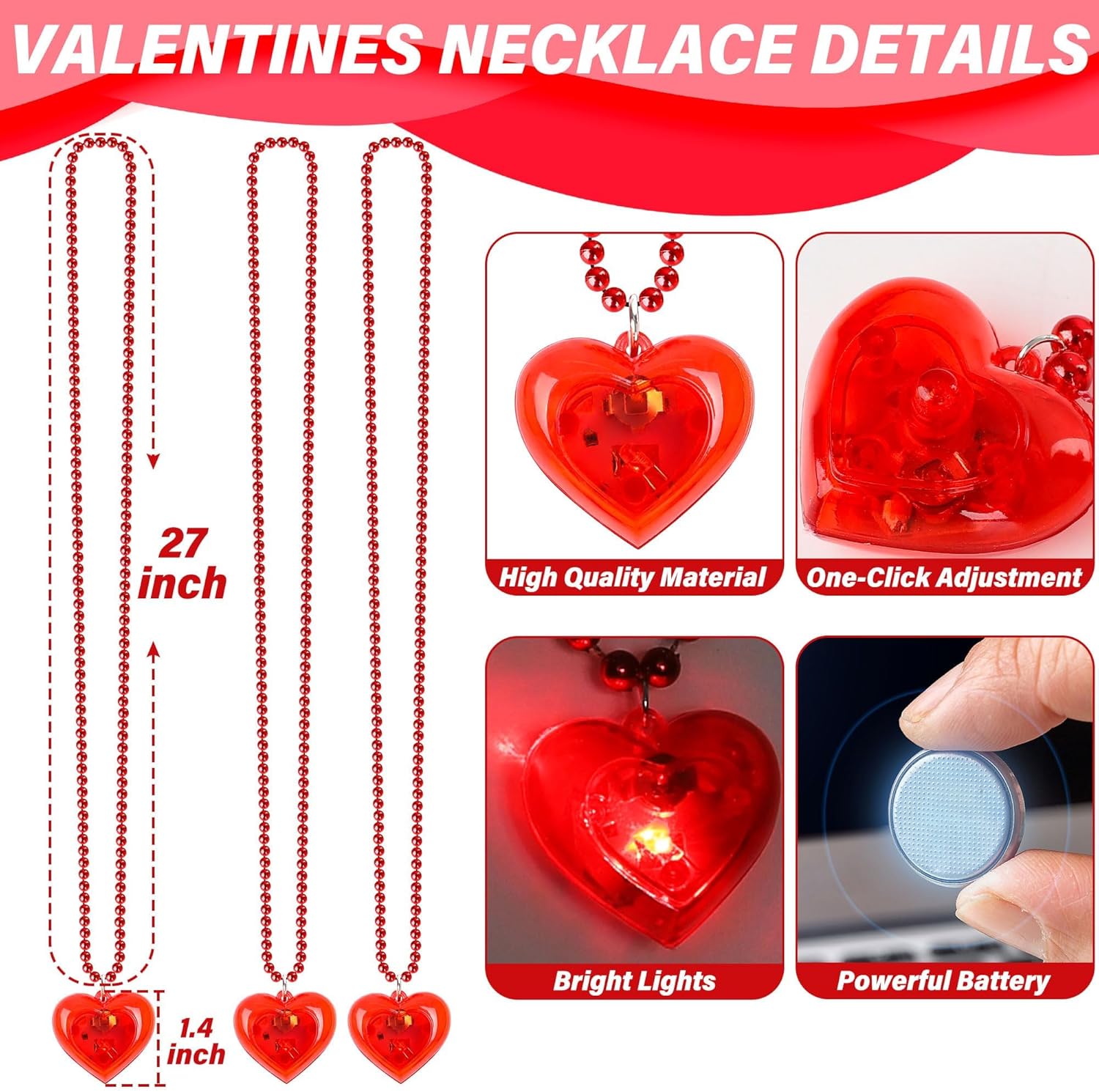 6PCS Valentines Day Necklaces, Glow Valentines Heart Necklace Accessories Bulk, 3 Modes Light up Valentine Heart Necklaces Gifts, 3D Red Valentine Exchange Gift Classroom Family Party Supplies