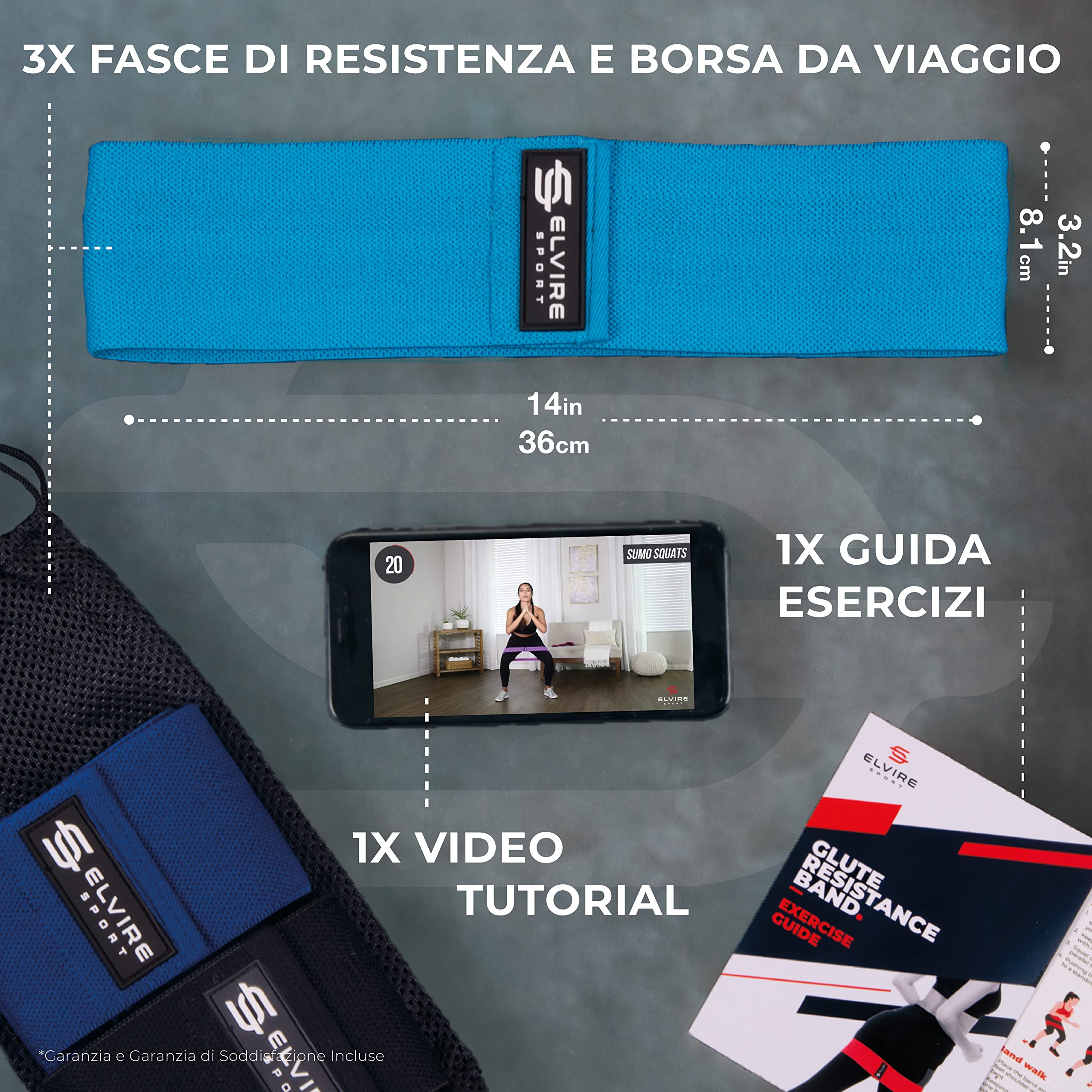 ELVIRE SPORT Bande Elastiche Fitness Donna e Uomo (3 Pezzi) | Fasce Elastiche Resistenza in Tessuto Glutei, Fianchi e Gambe | Fasce Yoga, Pilates, Crossfit
