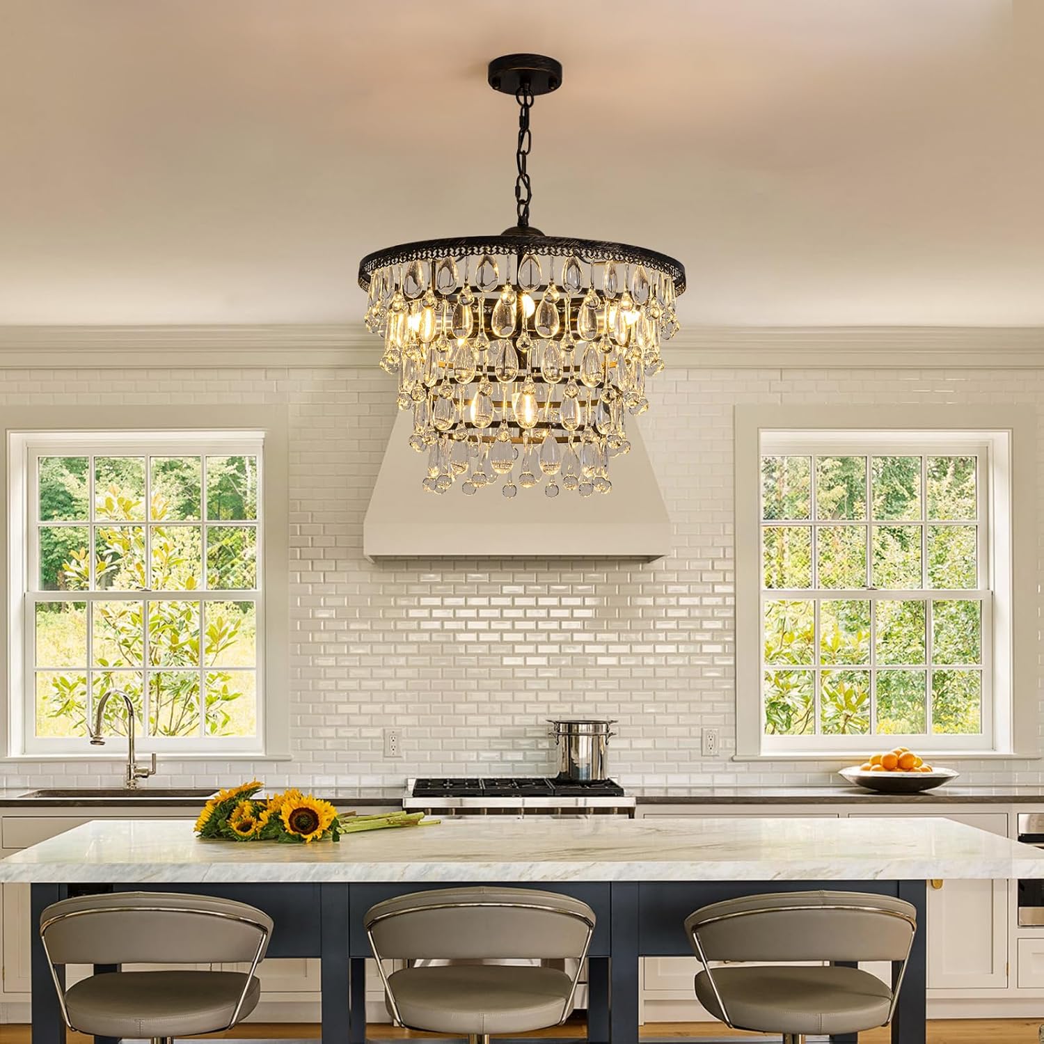 7PM Vintage Crystal Chandelier for Dining Room,20-inch Antique Crystal Ceiling Light Fixture, 5-Tier Bronze Chandelier for Living Room, Kitchen Island,Bedroom, Entryway
