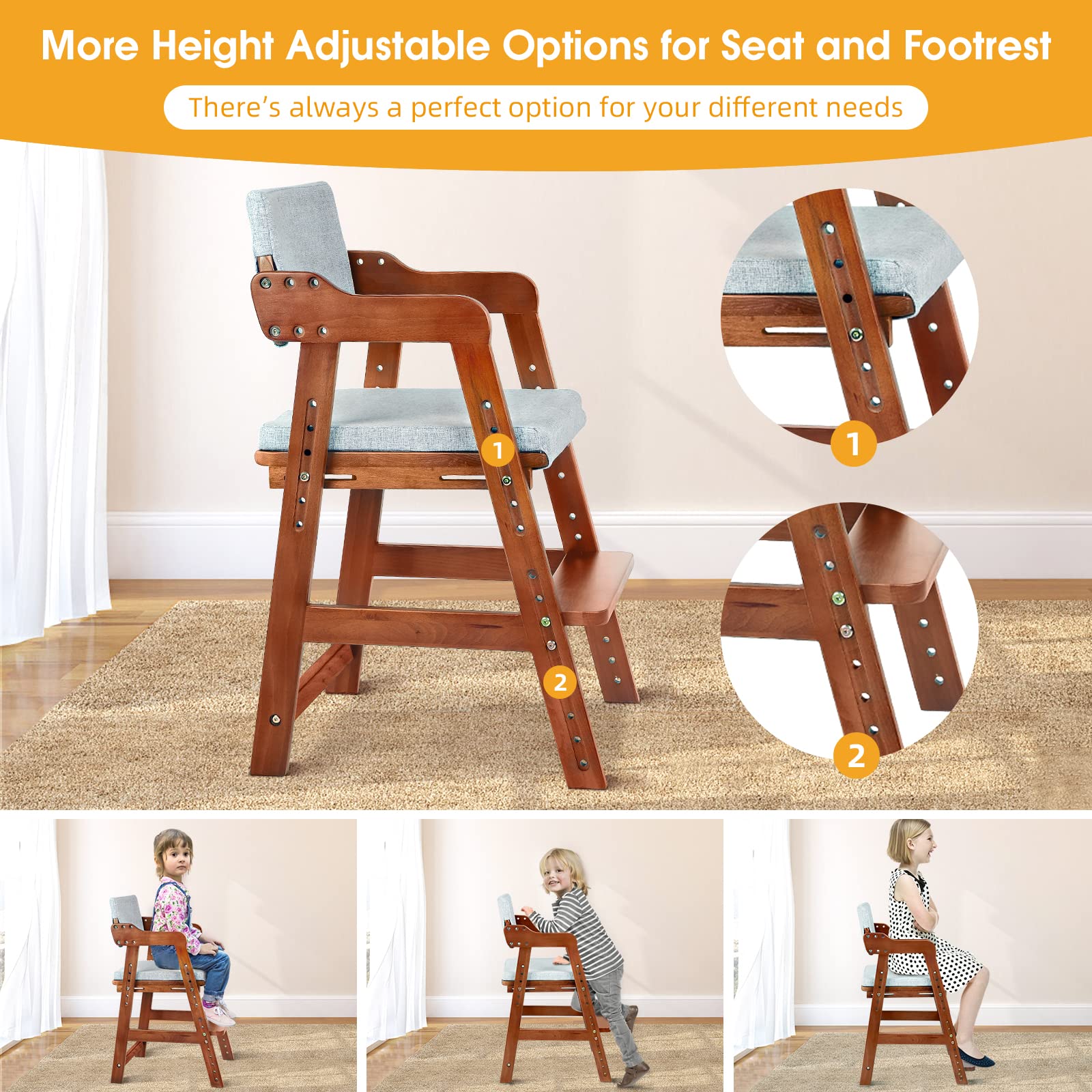 Ezebaby Seggiolone, sedia per bambini, in legno di faggio, regolabile in altezza, stabile e sicura, fino a 90 kg, per bambini e adulti
